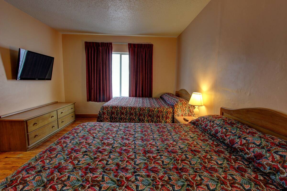 Une chambre avec deux lits, un téléviseur fixé au mur, une commode et une fenêtre avec des rideaux.