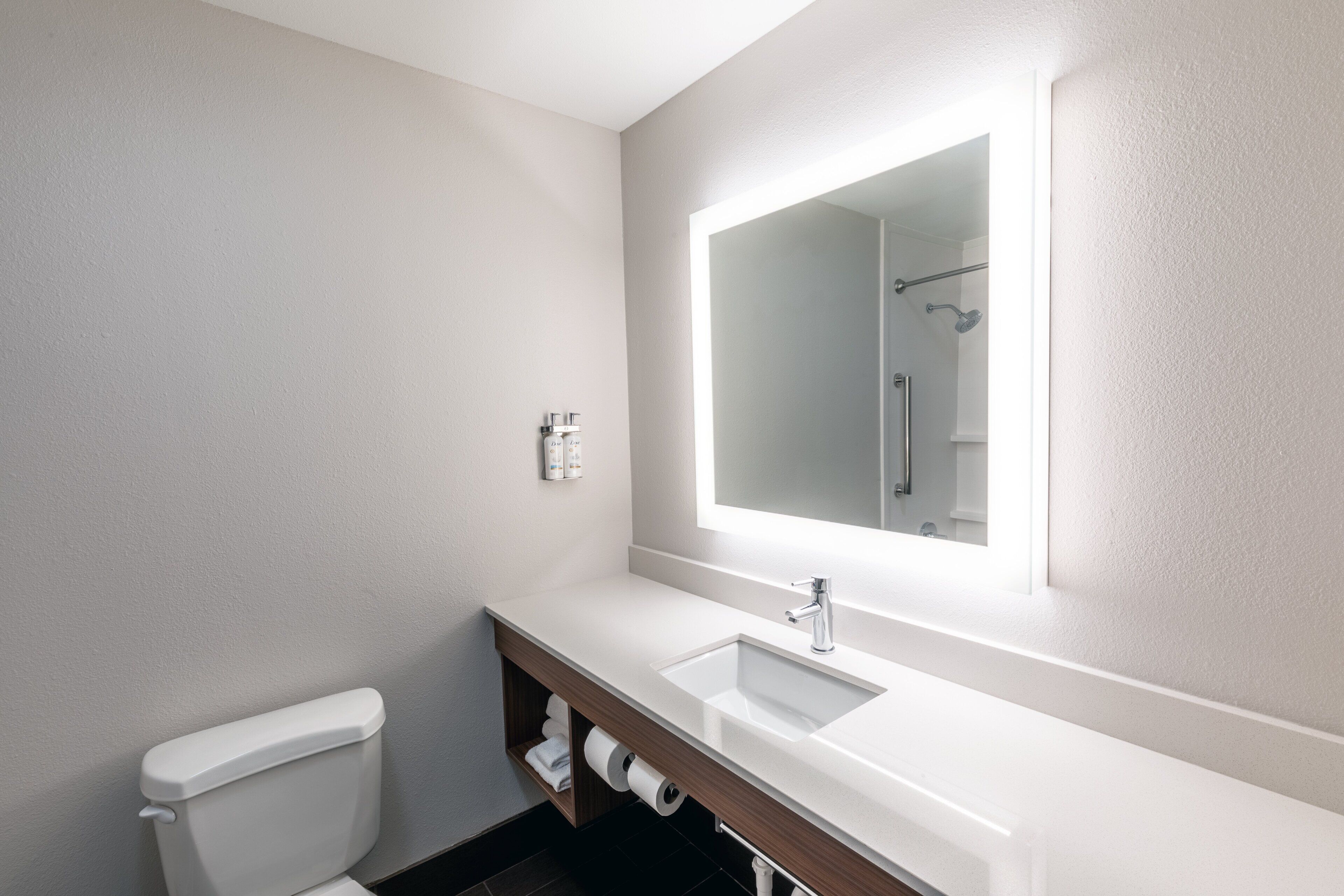 A bathroom with a toilet, a sink, a mirror, and a shower.