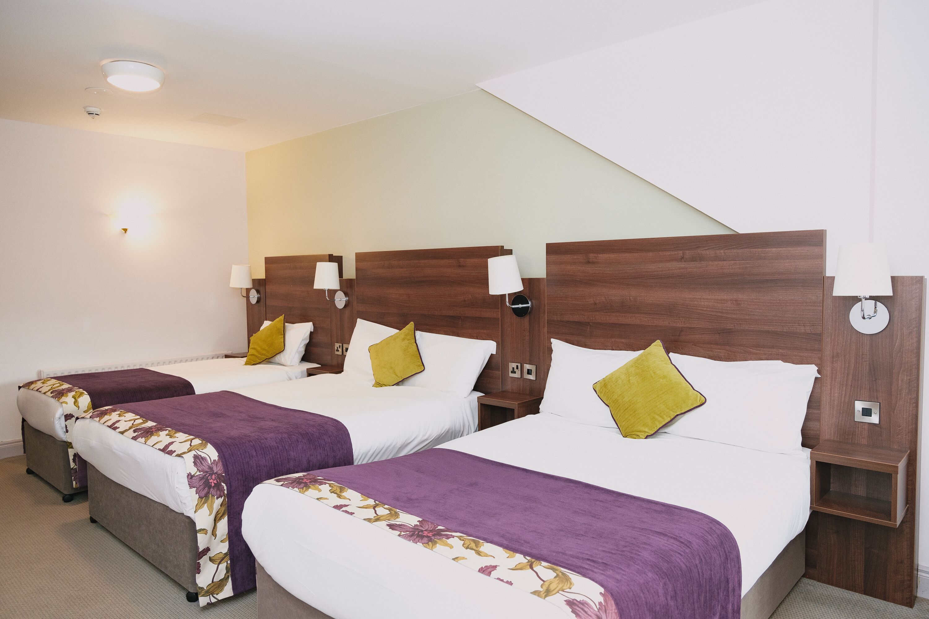 A hotel room with two beds, each with a wooden headboard, white bedding, and a purple throw. There are bedside tables with lamps and a small shelf.