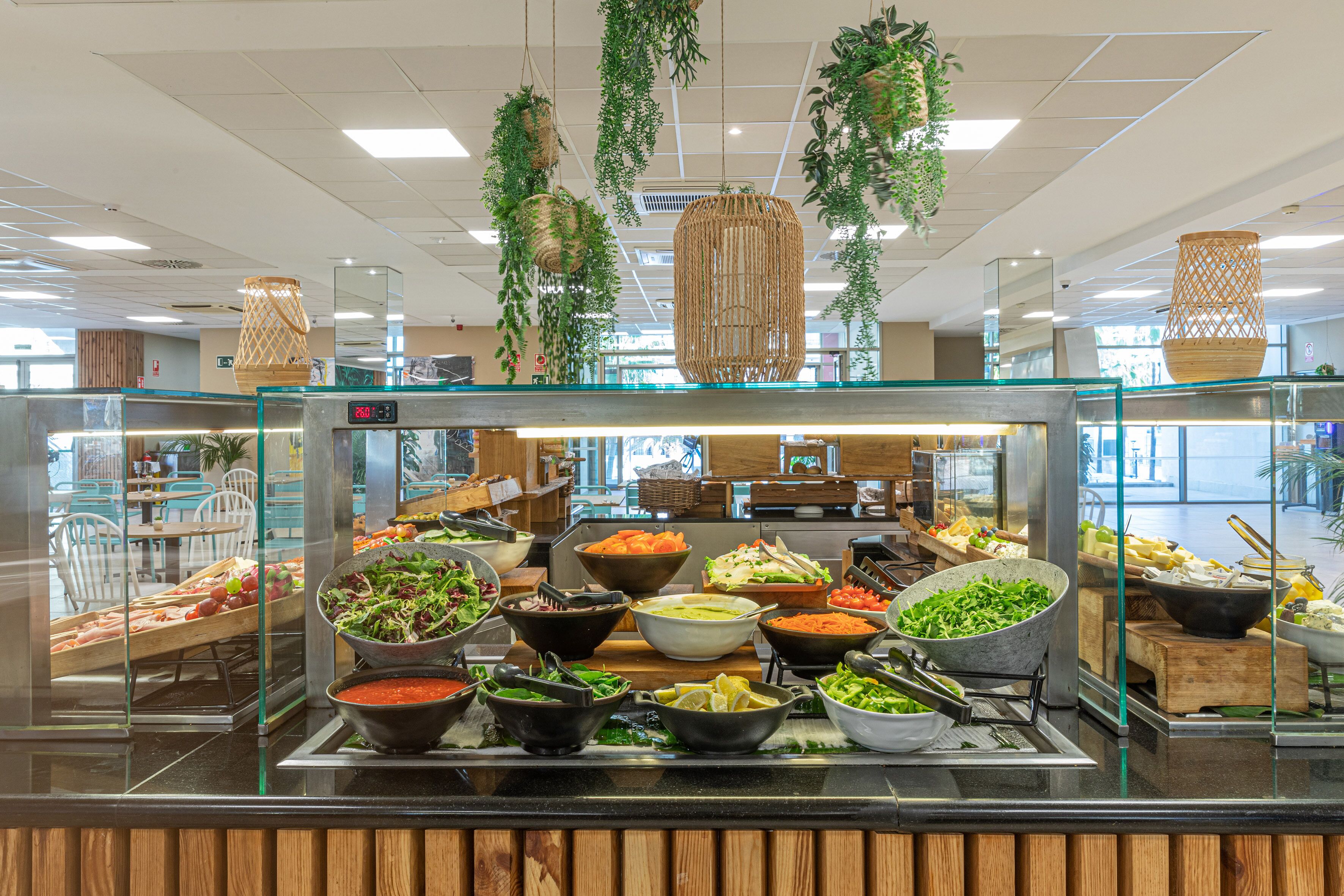 Een buffet met diverse soorten eten en hangende planten.