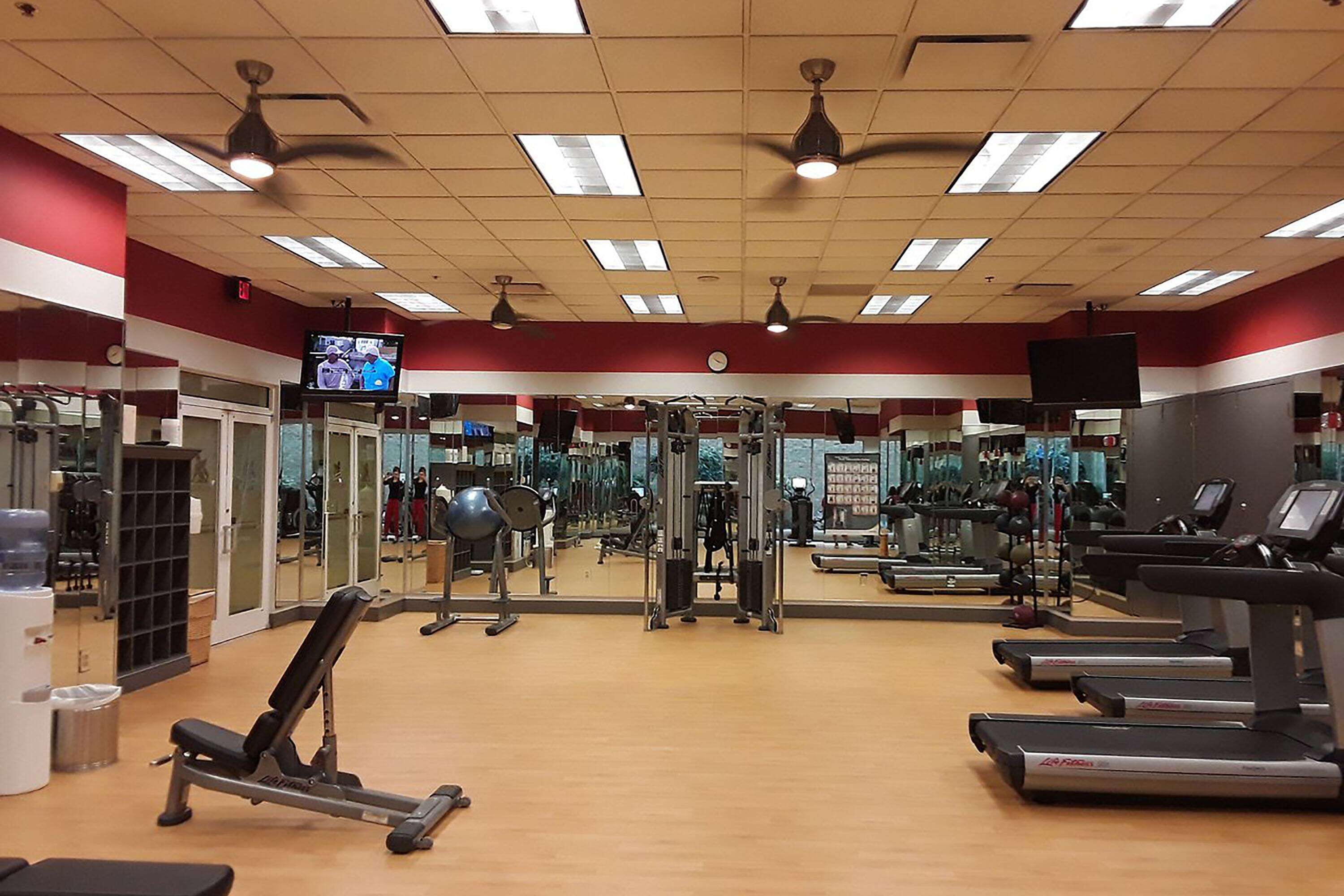 A gym with treadmills, weight machines, and a television screen.