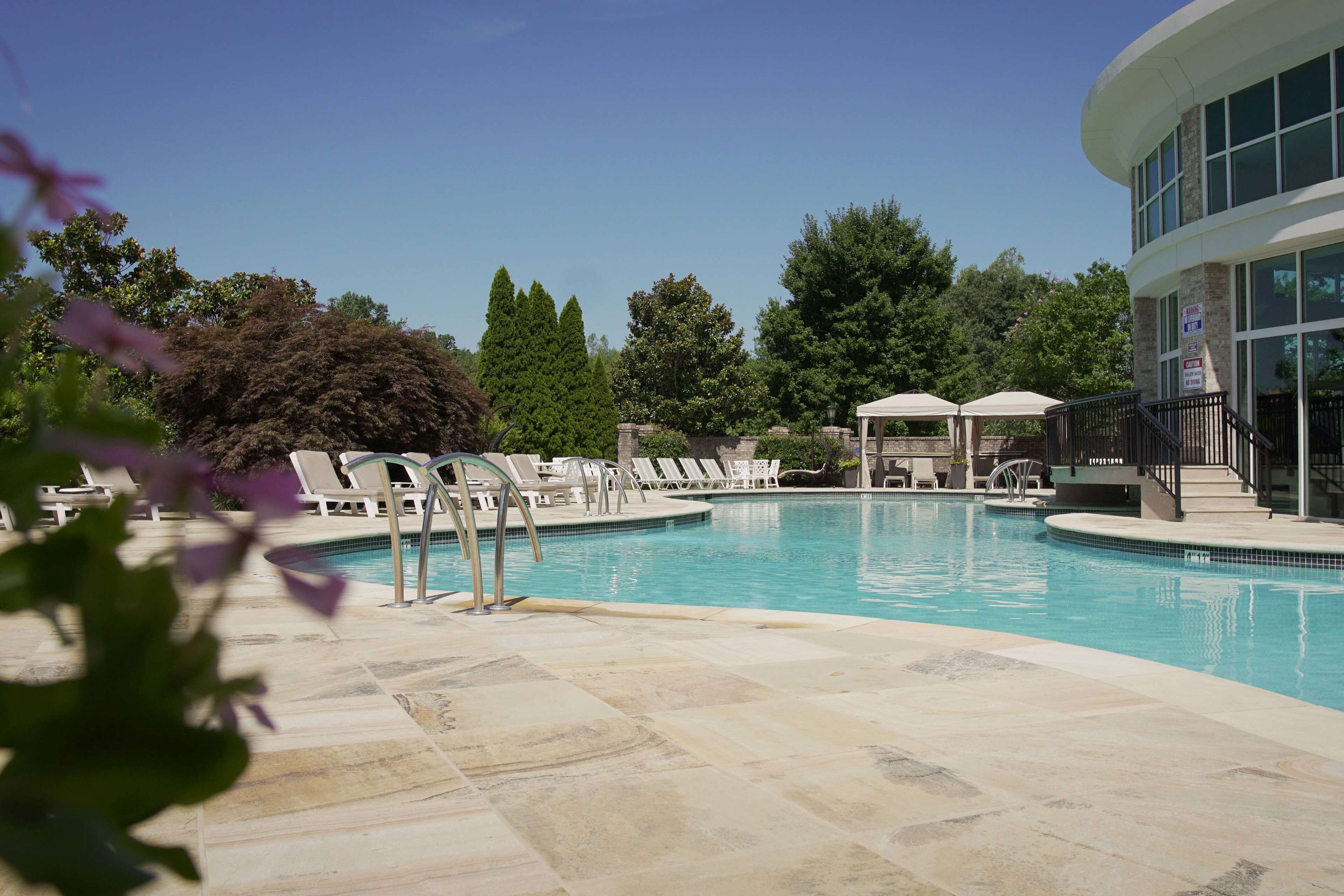 Une piscine entourée d’arbres et d’un bâtiment aux grandes fenêtres, avec des chaises longues et des parasols à proximité.