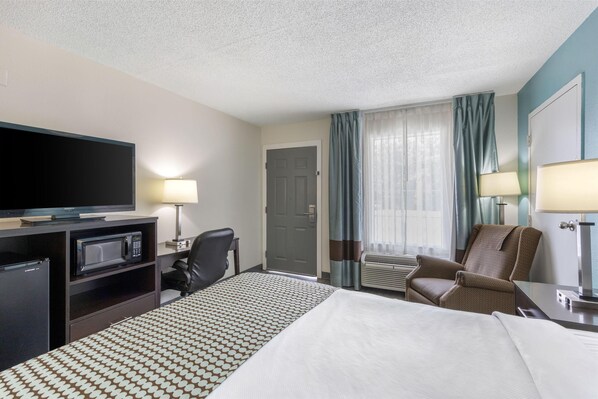 A hotel room with a bed, a television, a microwave, a desk, and a chair.