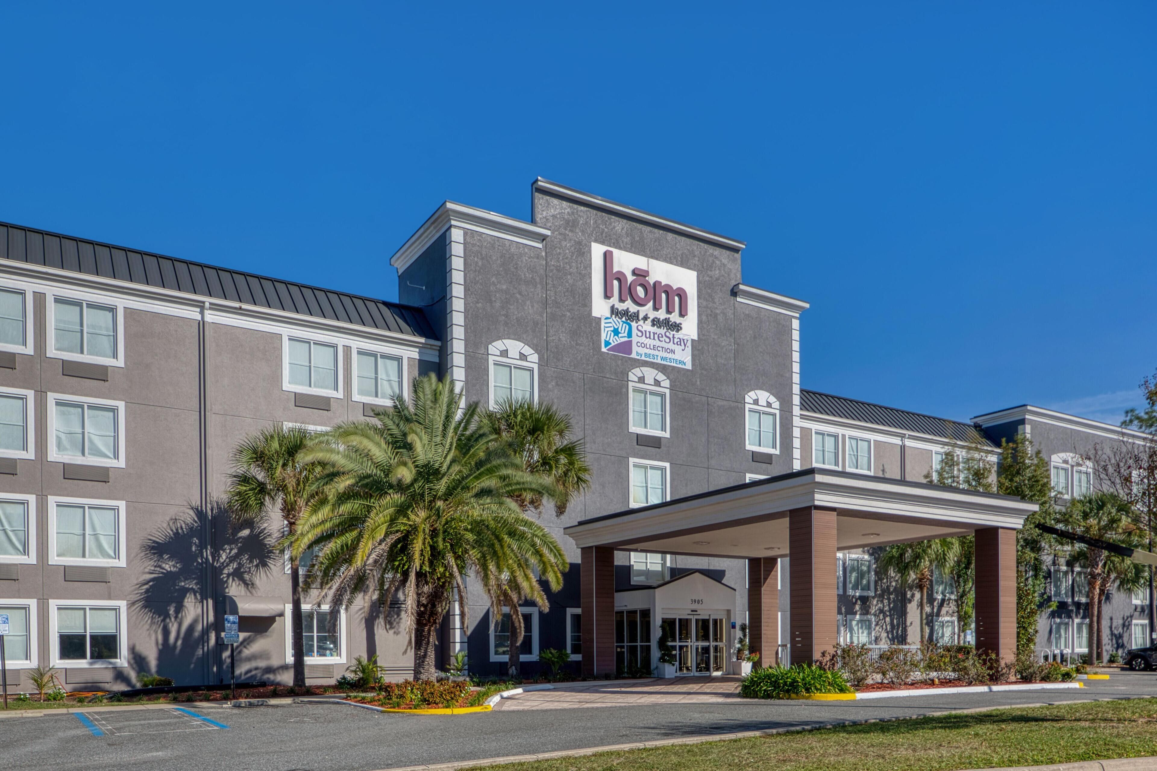 A hotel with a modern facade, a covered entrance, and palm trees in the front.