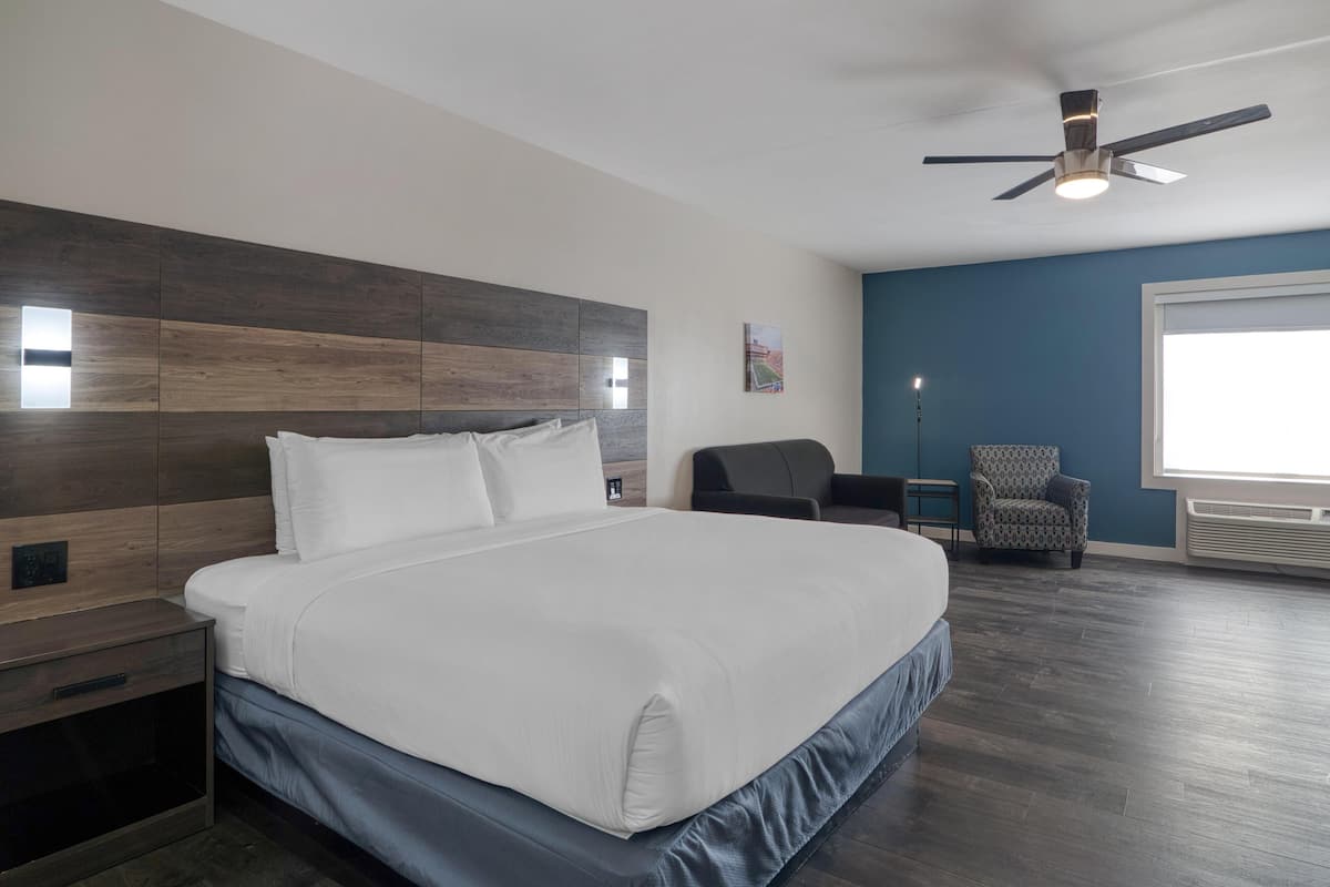 A modern hotel room with a large bed, a ceiling fan, a chair, and a window.
