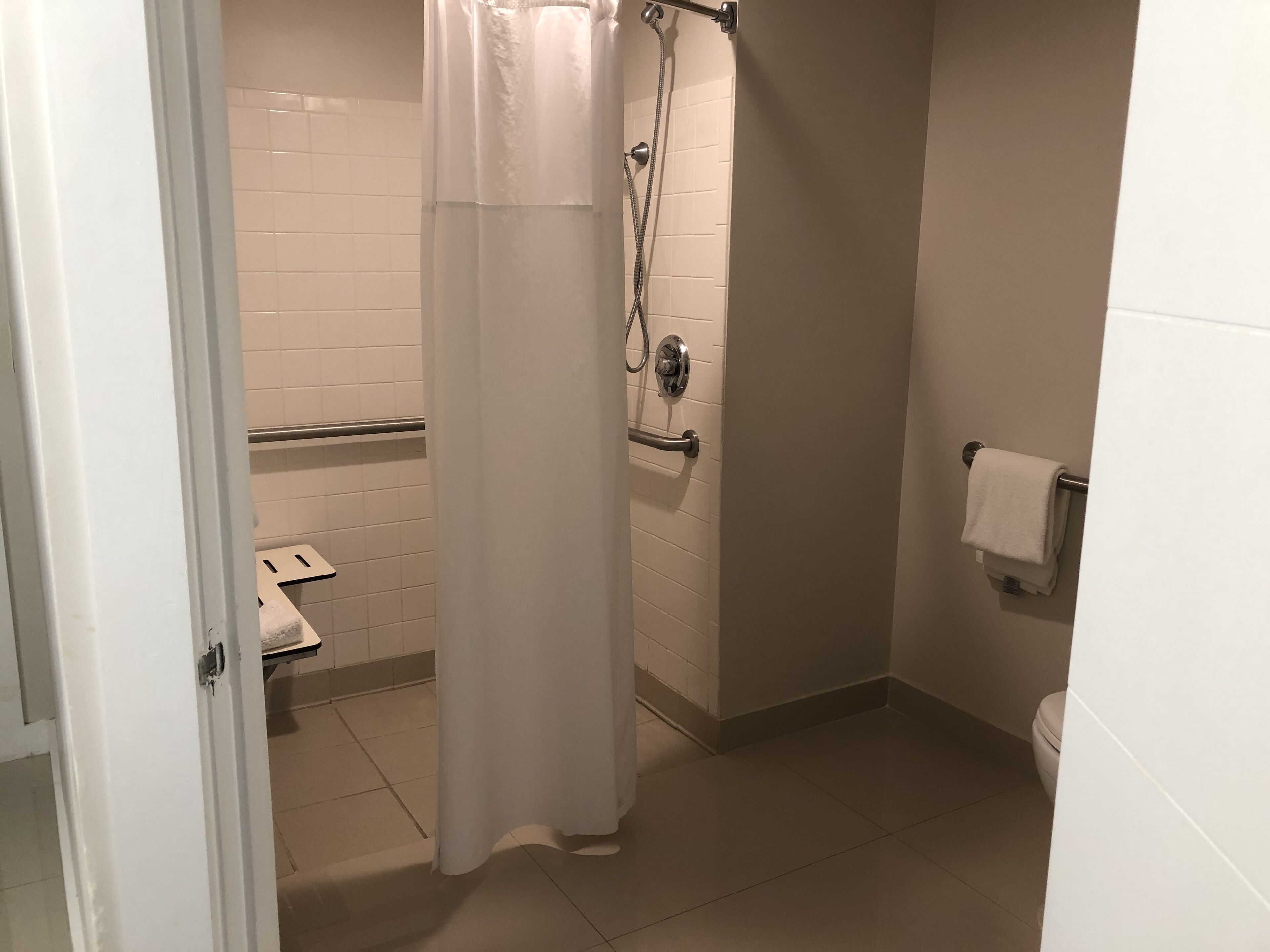 A bathroom with a shower, toilet, and a towel rack.