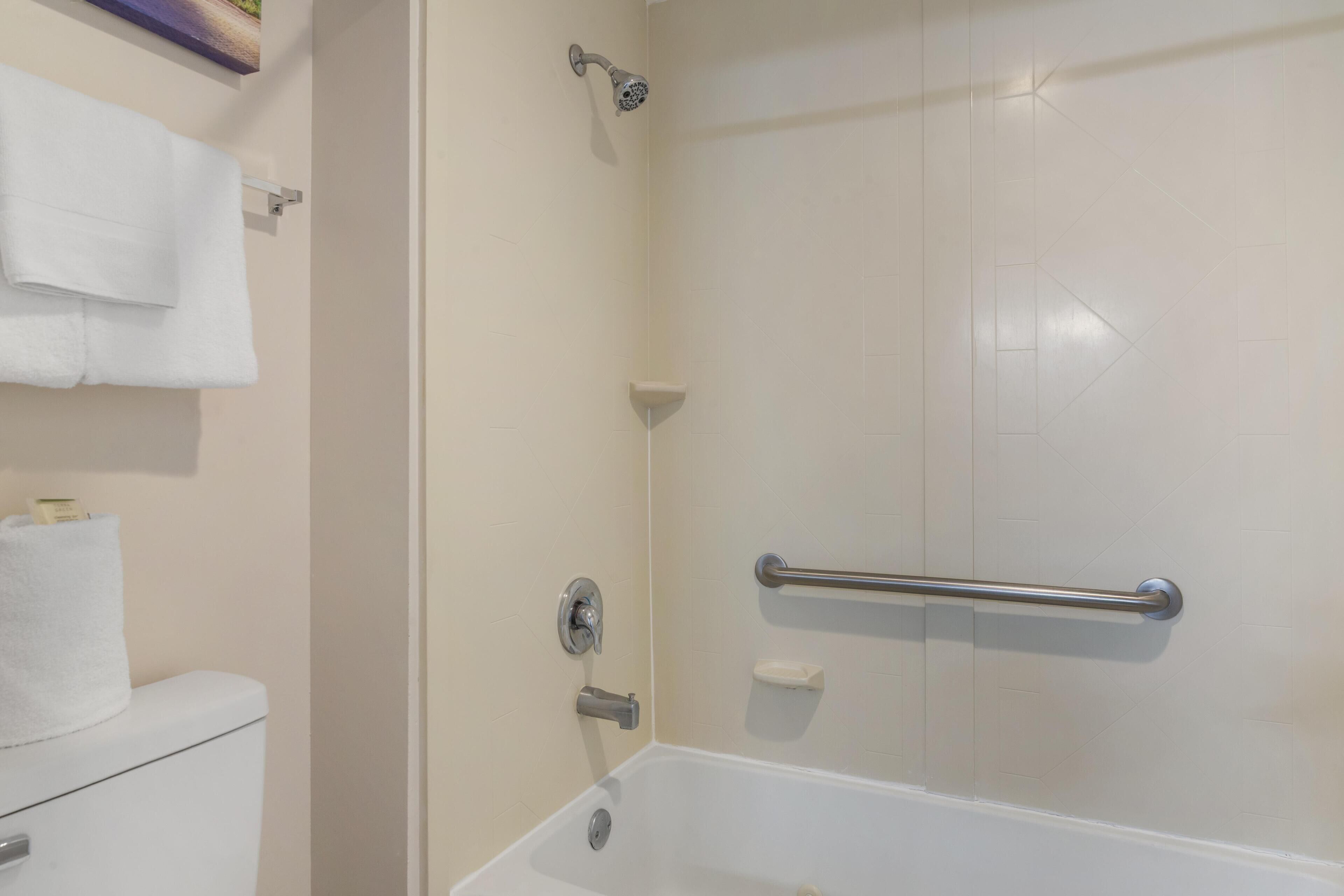 Un baño con bañera, inodoro, toallero y baranda.