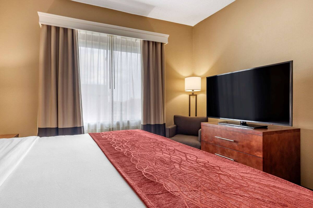 Suite, 1 King Bed, Accessible, Non Smoking | Laptop workspace, iron/ironing board, WiFi (free), alarm clocks