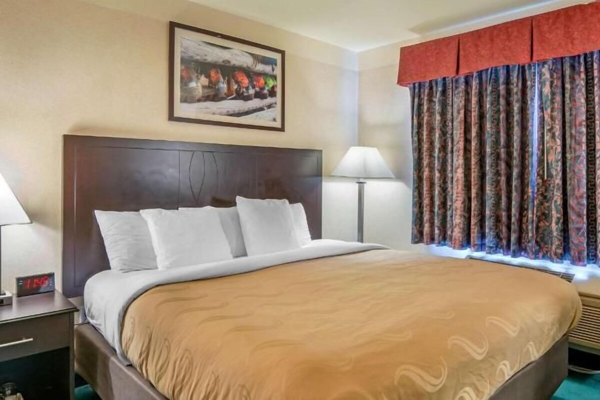 A hotel room with a large bed, two bedside tables with lamps, a clock, a window with curtains, and a painting on the wall.