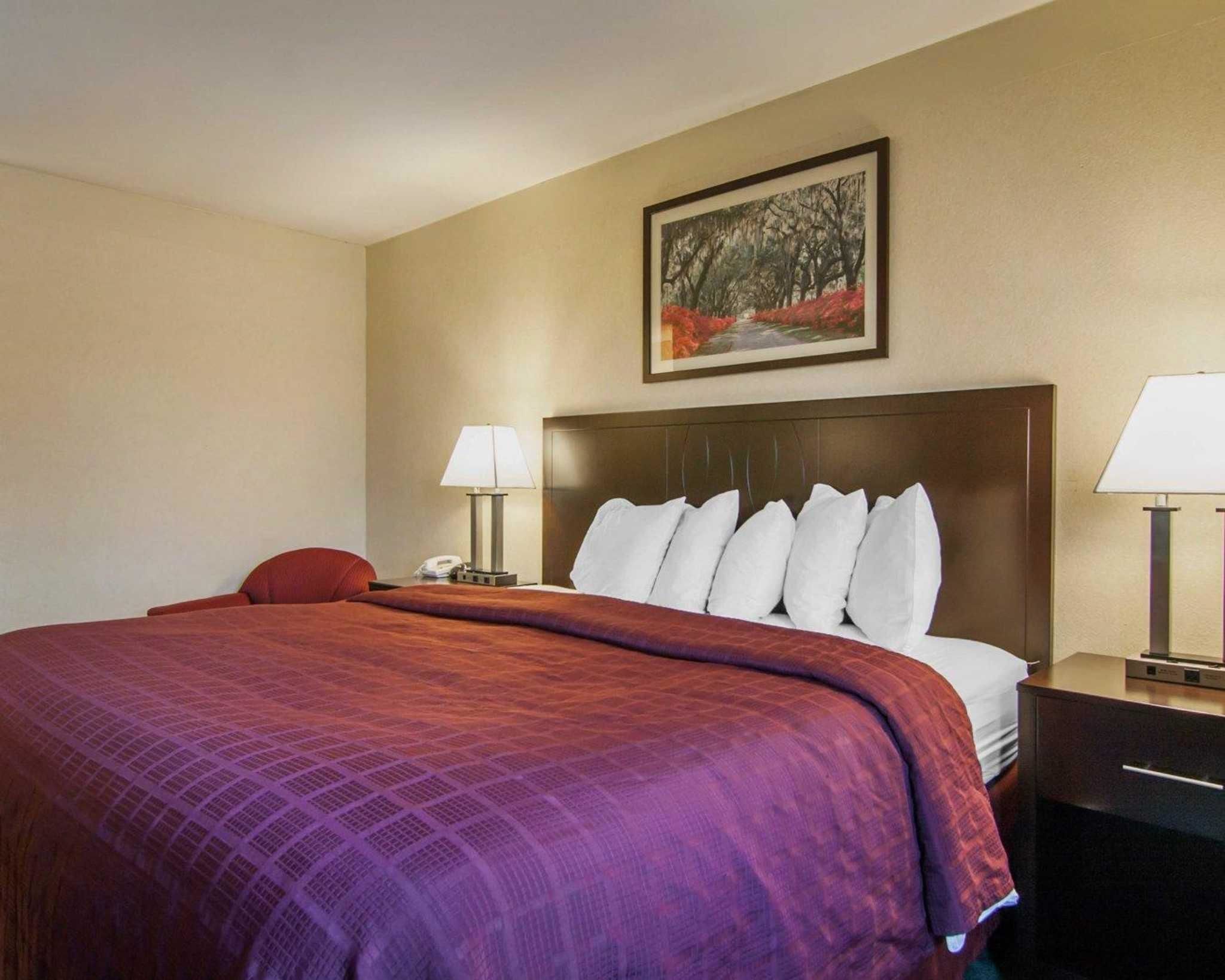 A hotel room with a large bed, two bedside tables with lamps, a painting on the wall, and a red carpeted floor.