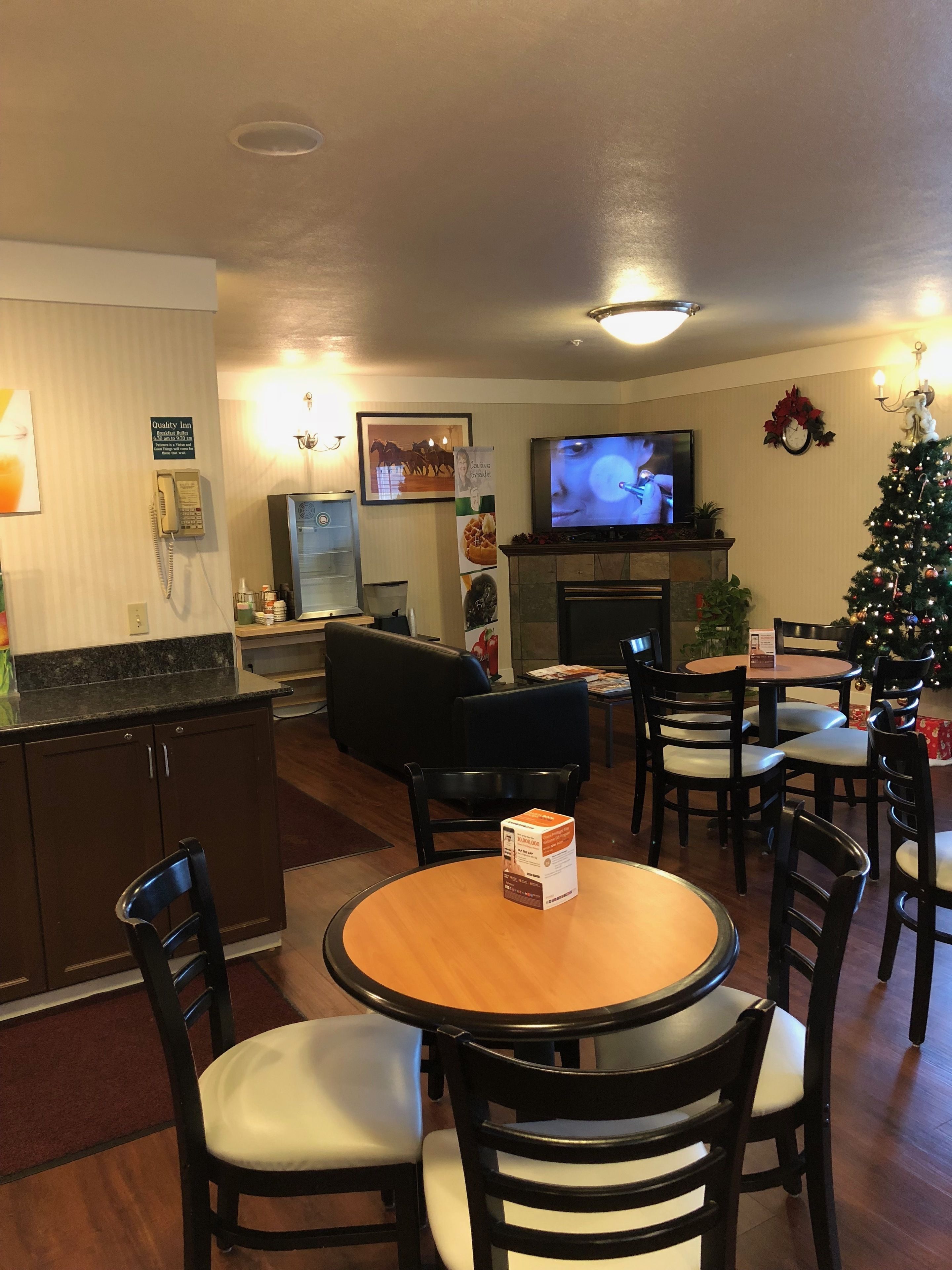 Une chambre d’hôtel avec un coin repas, une cheminée, une télévision et un sapin de Noël.