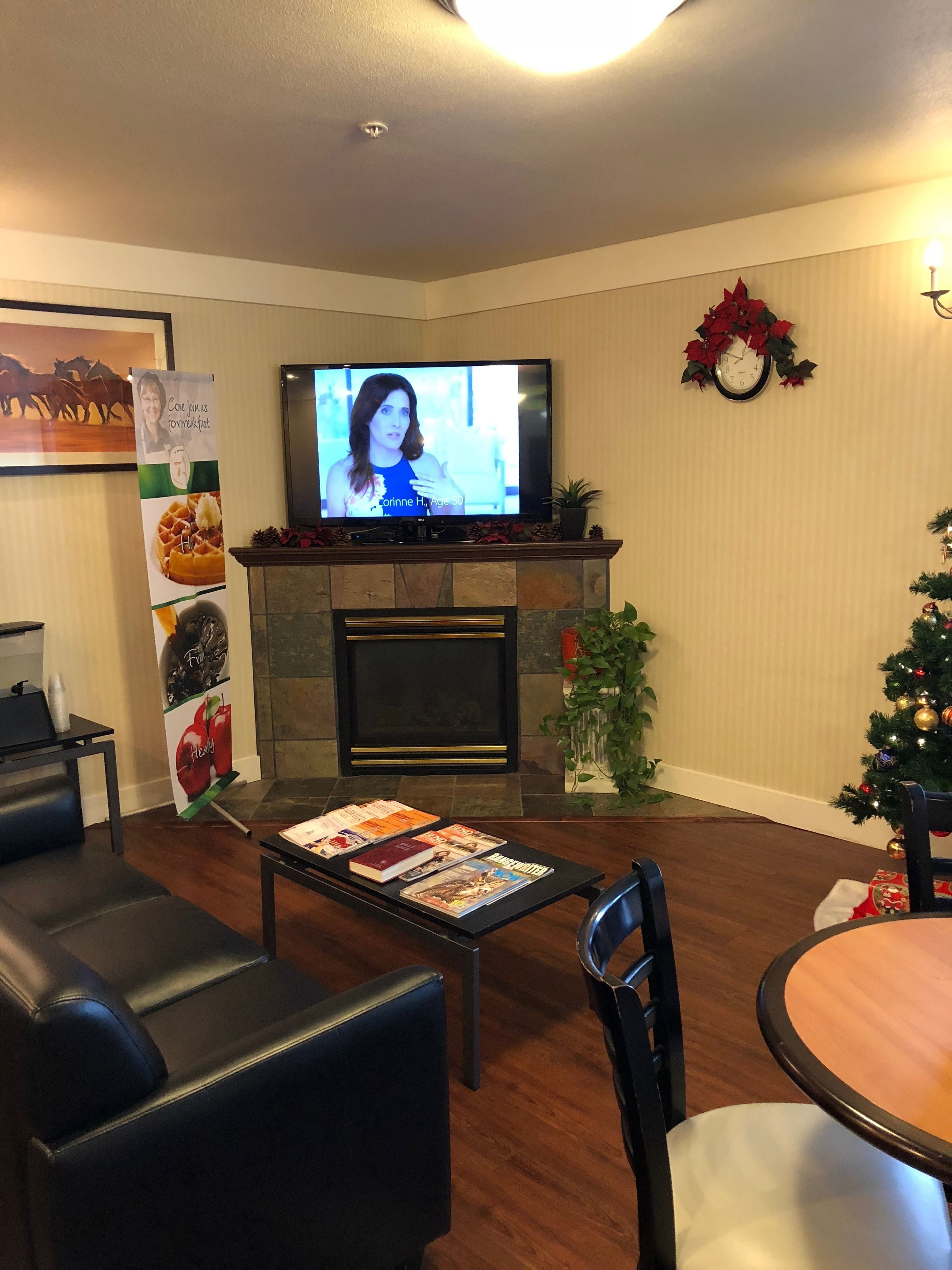 Uma sala de estar com lareira, televisão, árvore de Natal e uma mesa com livros.
