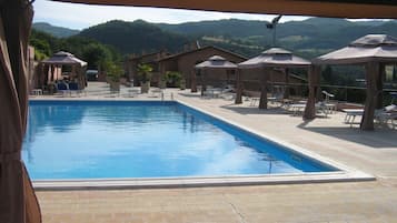 Seasonal outdoor pool, pool umbrellas, sun loungers