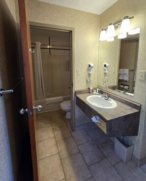 A bathroom with a shower, toilet, and sink.