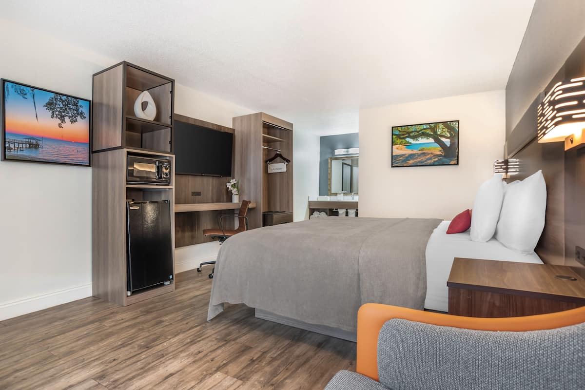 A modern hotel room with a large bed, a built-in wardrobe, a flat-screen TV, a microwave, and a desk with a chair.