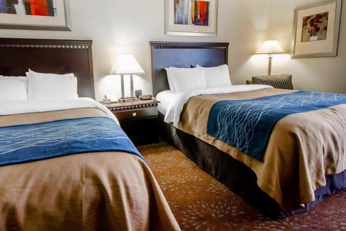 A hotel room with two beds, a nightstand with a lamp, and framed artwork on the walls.