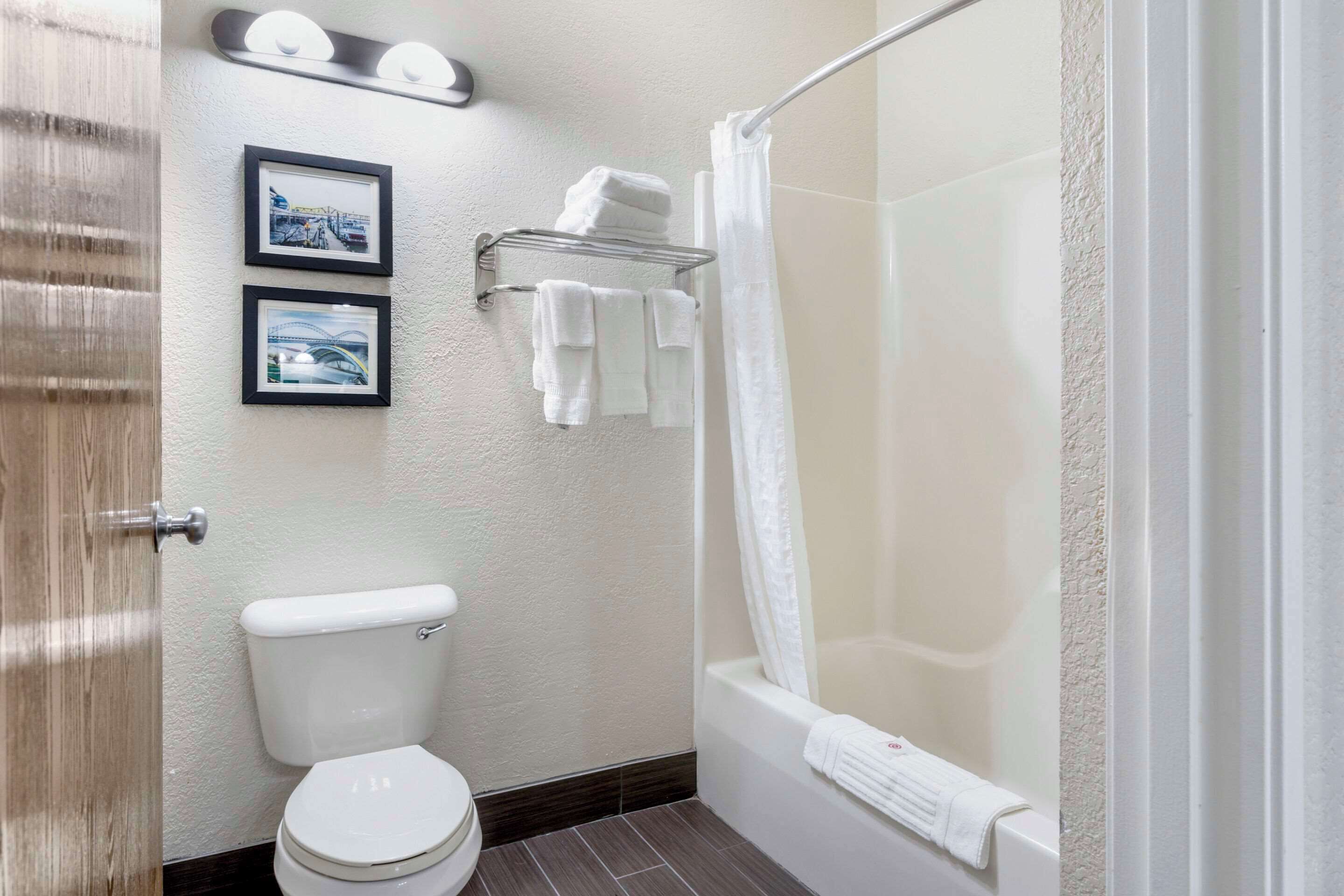 A bathroom with a toilet, a bathtub, a shower curtain, and two framed pictures on the wall.