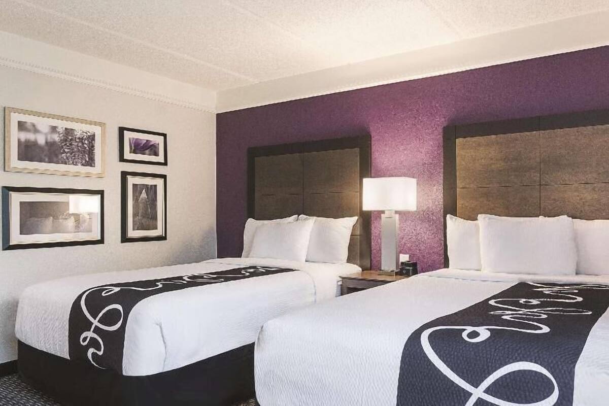 A hotel room with two beds, a purple accent wall, framed pictures on the wall, and a nightstand with a lamp.