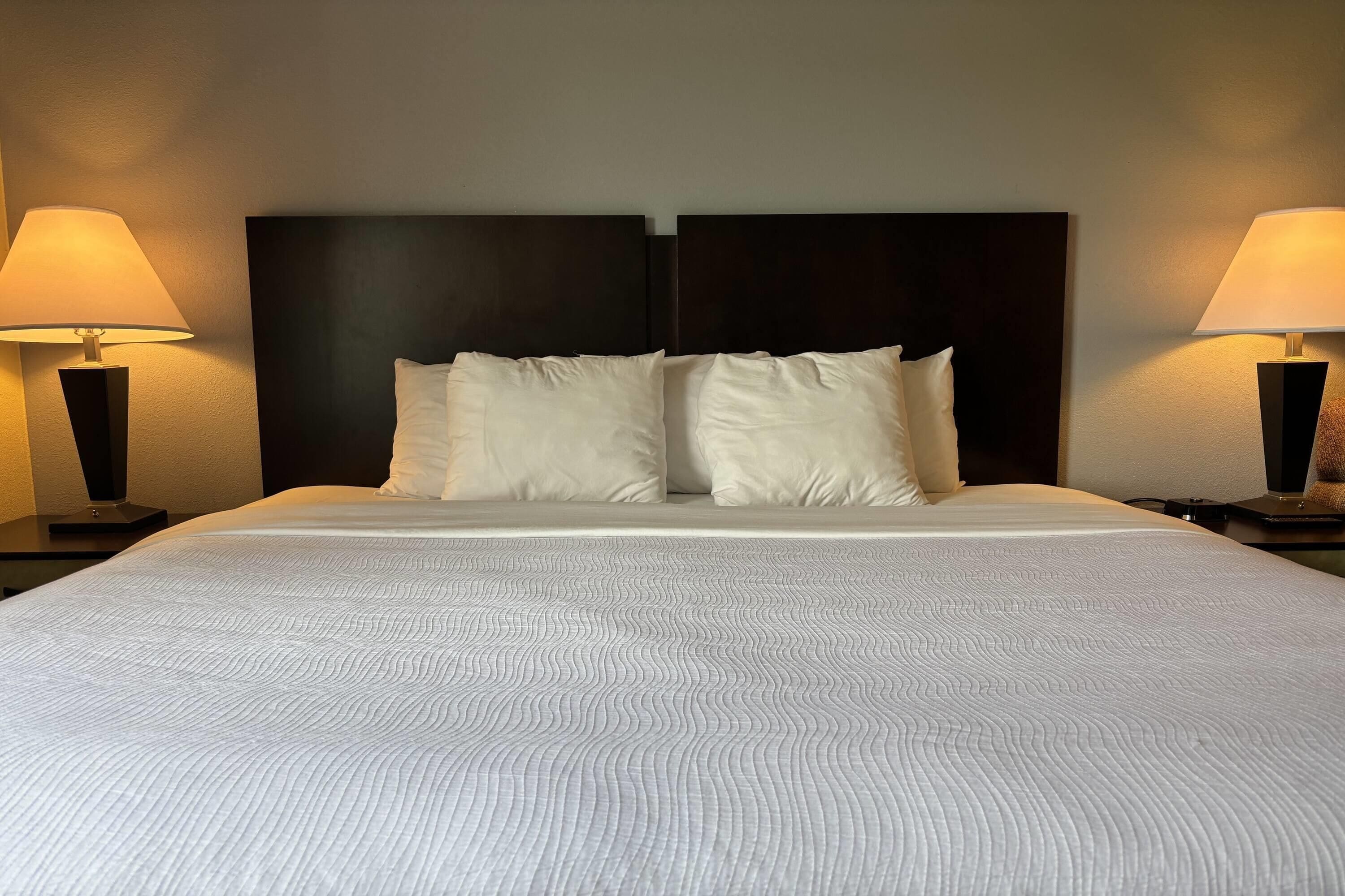 A hotel room with a large bed, two bedside lamps, and a dark headboard.