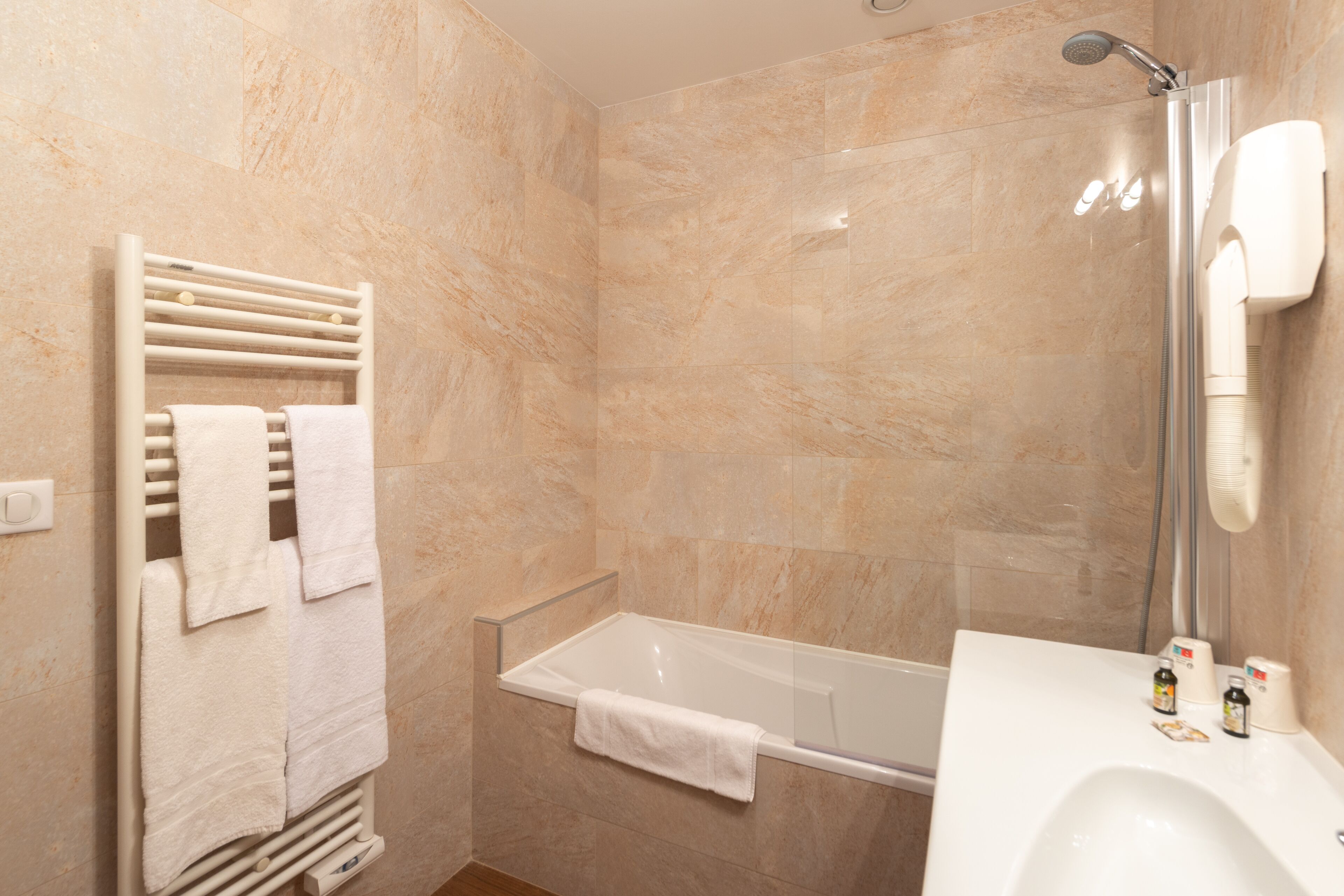 free toiletries, hair dryer, towels, soap