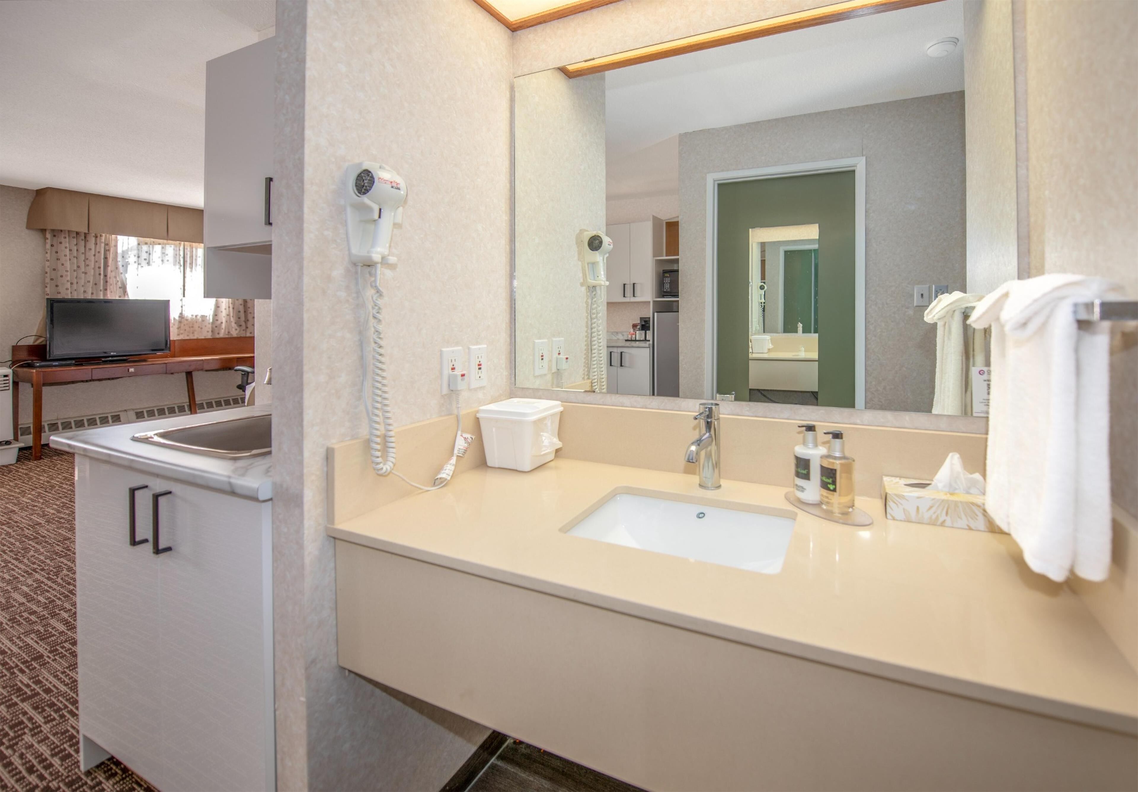 A hotel bathroom with a sink, mirror, and hairdryer.