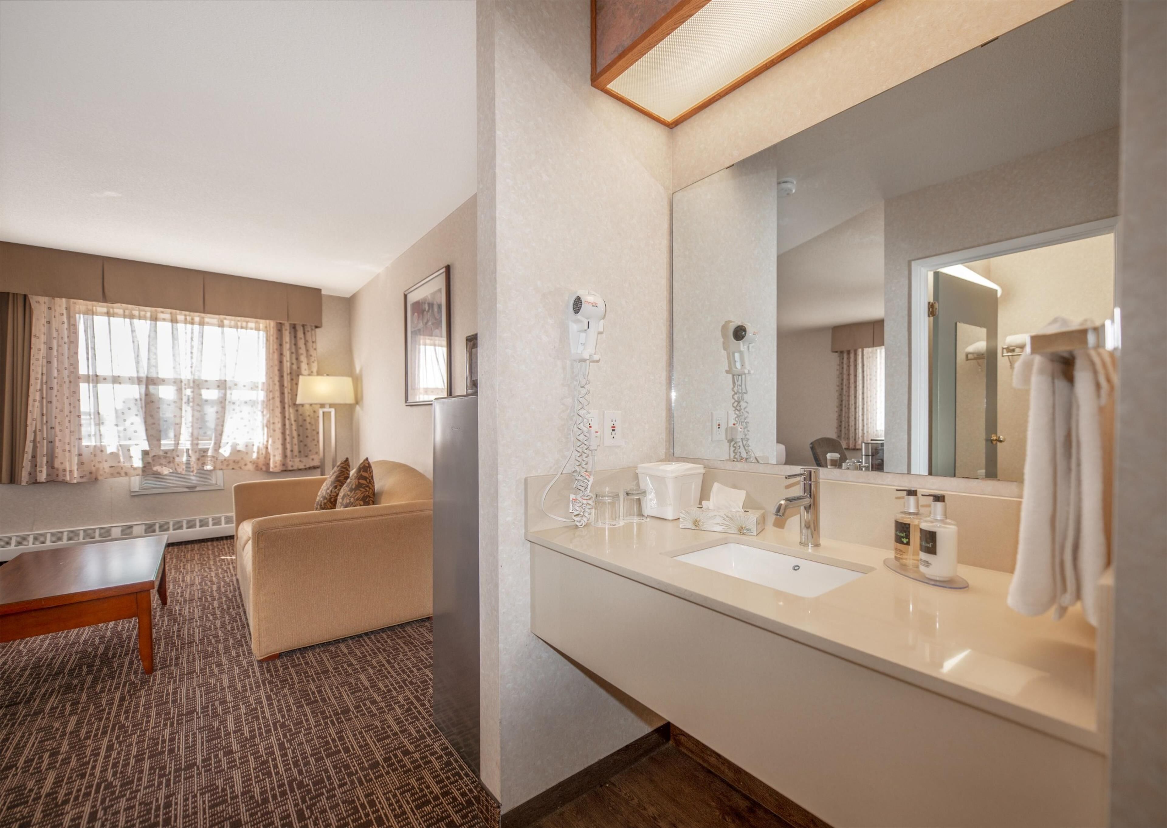 combined shower/bathtub, deep-soaking bathtub, free toiletries