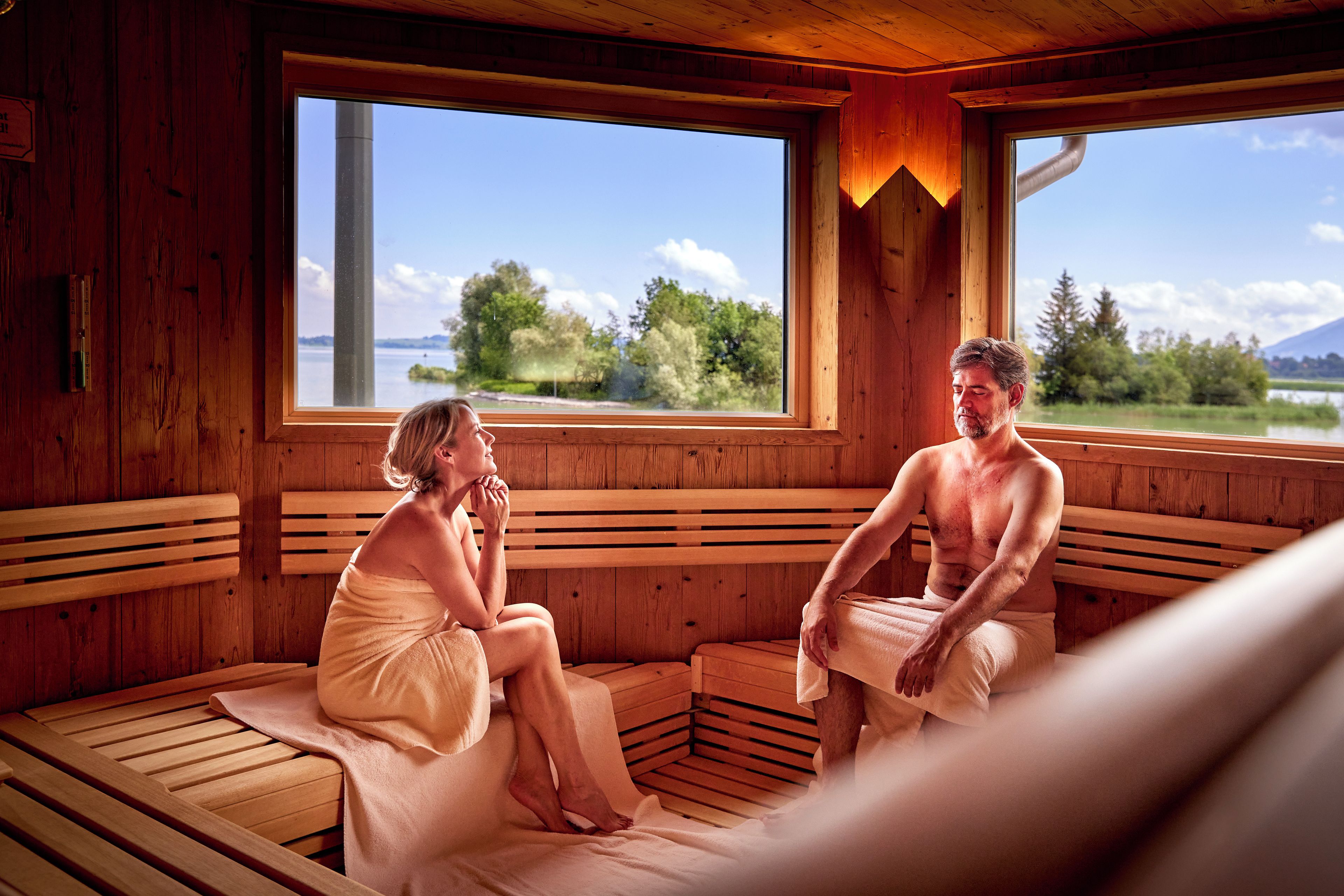Eine Sauna mit Holzbänken und großen Fenstern mit Blick auf einen See und Bäume.