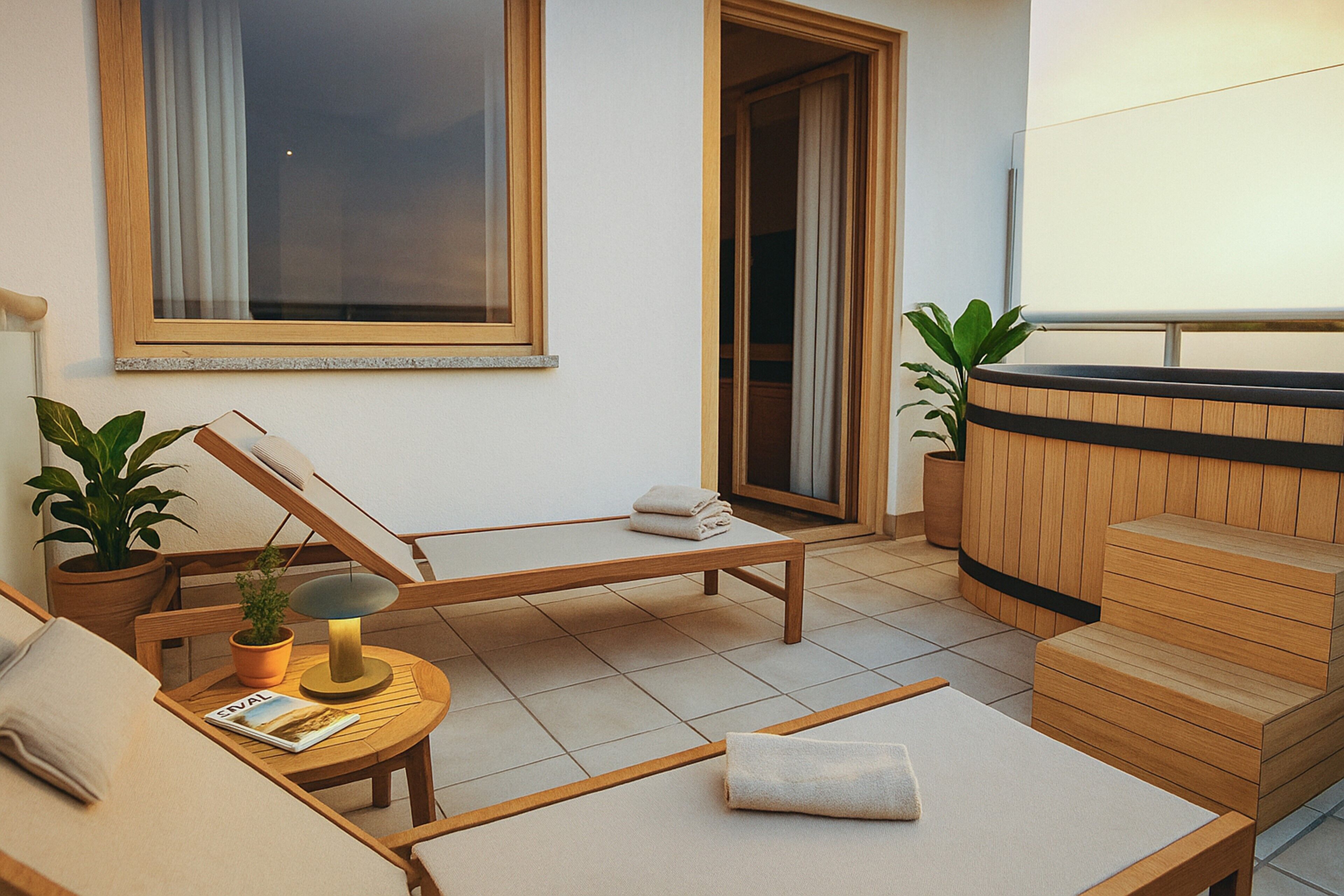 A modern, well-lit room with a wooden bench, a small table with a lamp, and a potted plant.