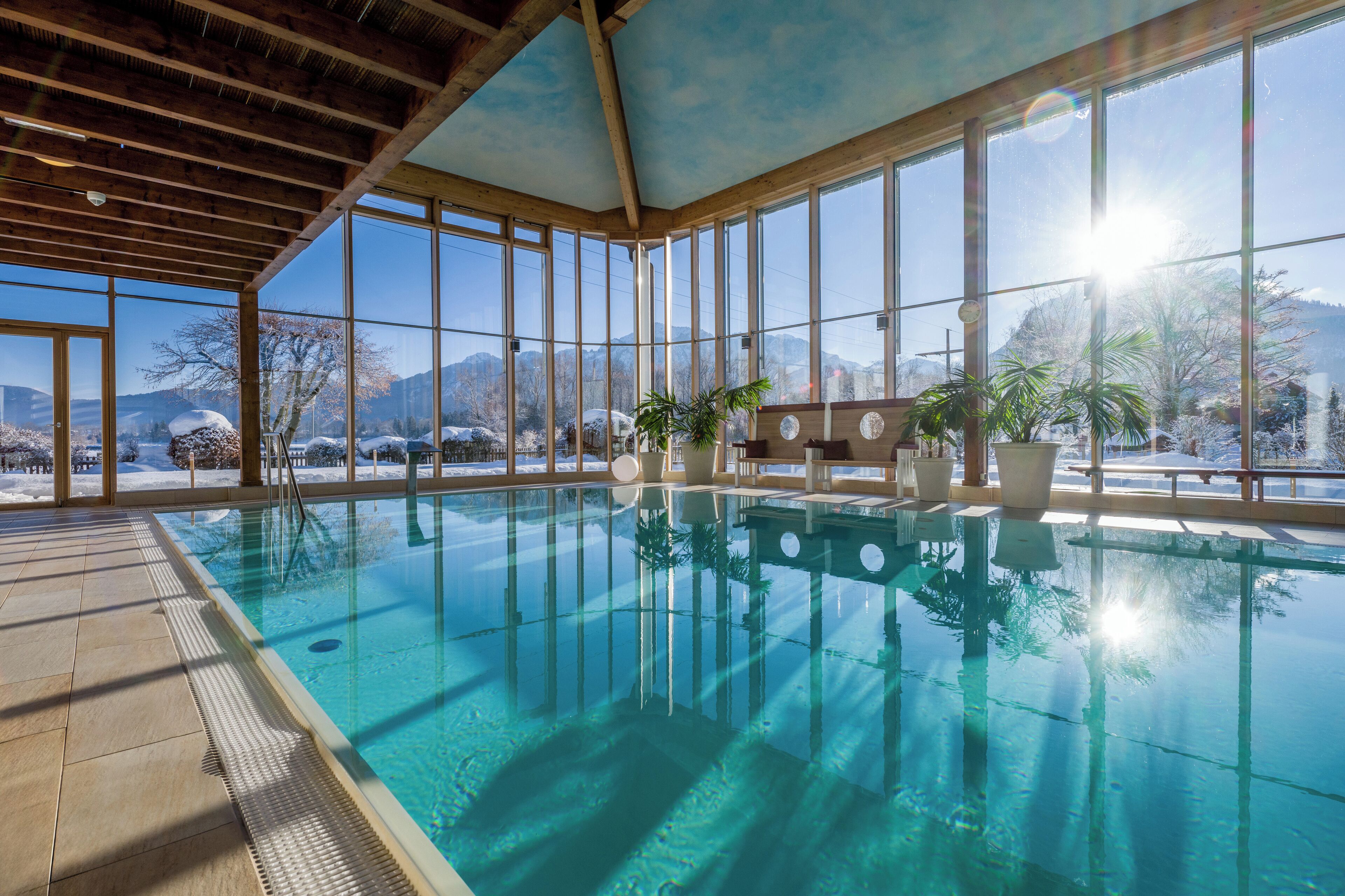 indoor pool, outdoor pool, pool loungers