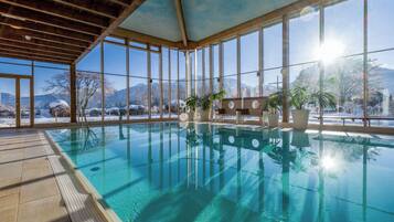 Indoor pool, outdoor pool, pool loungers