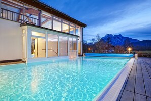 Indoor pool, outdoor pool, pool loungers