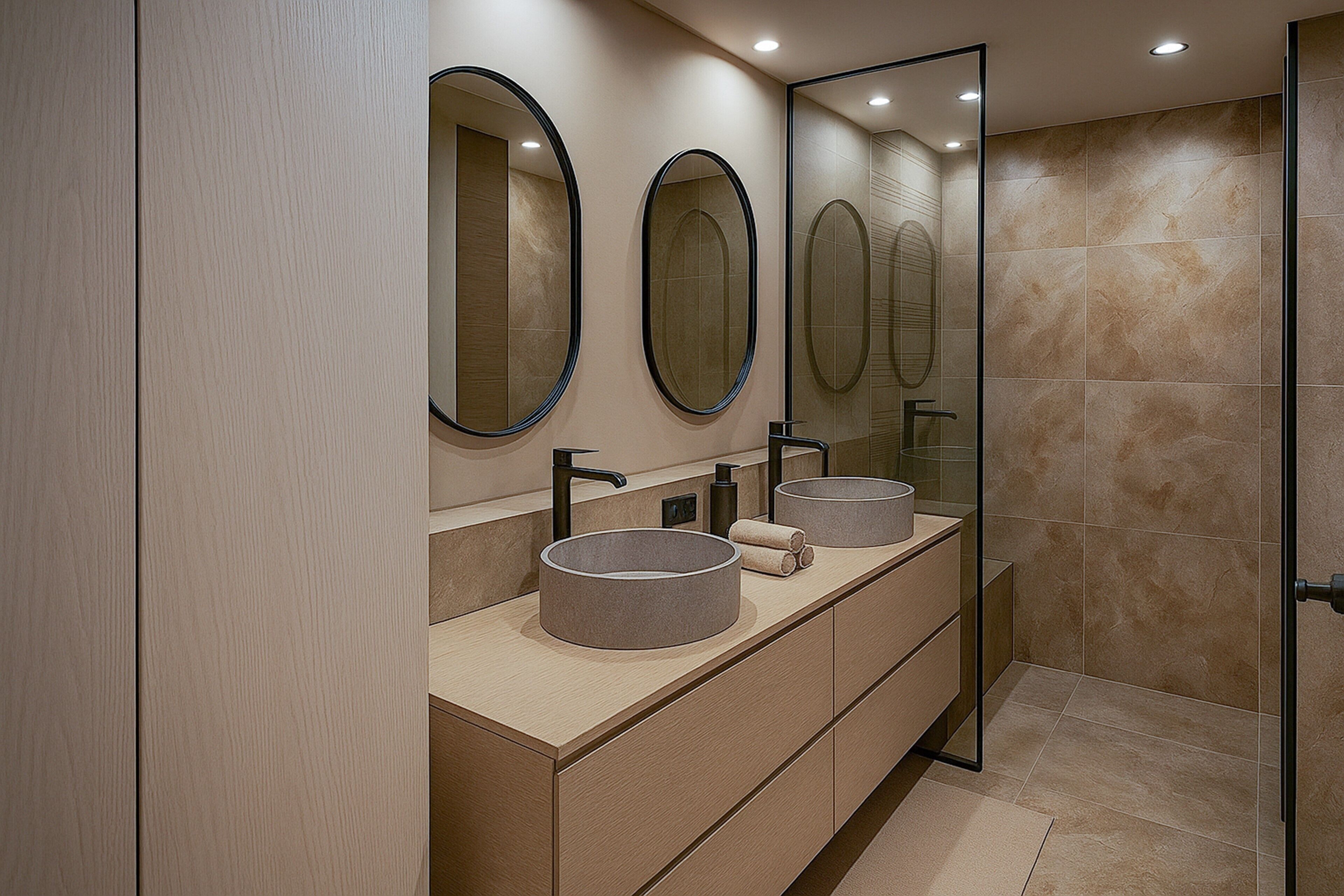A modern bathroom with two sinks, large mirrors, and a glass shower enclosure.