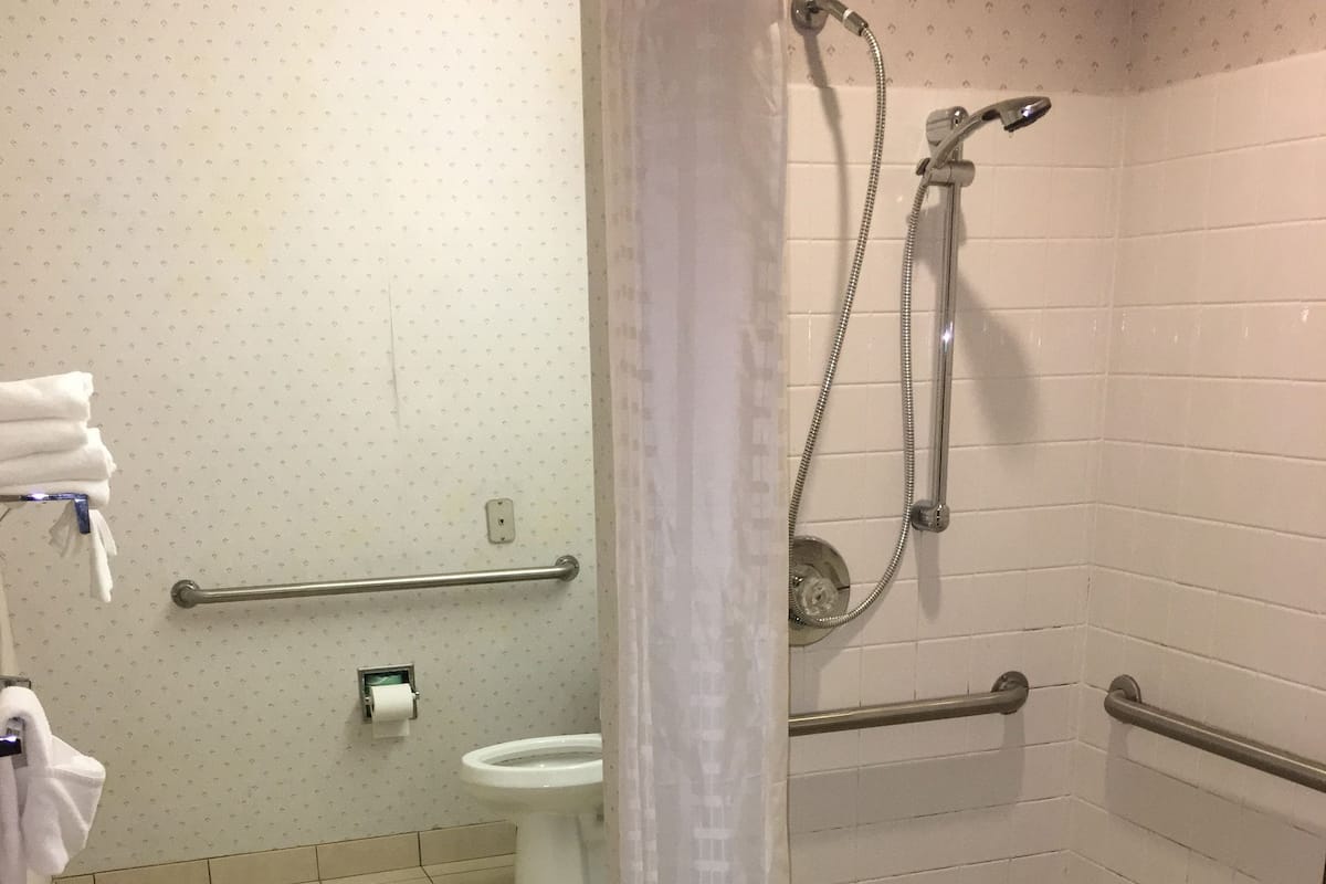 Une salle de bain équipée de toilettes, d’une douche et de barres d’appui.