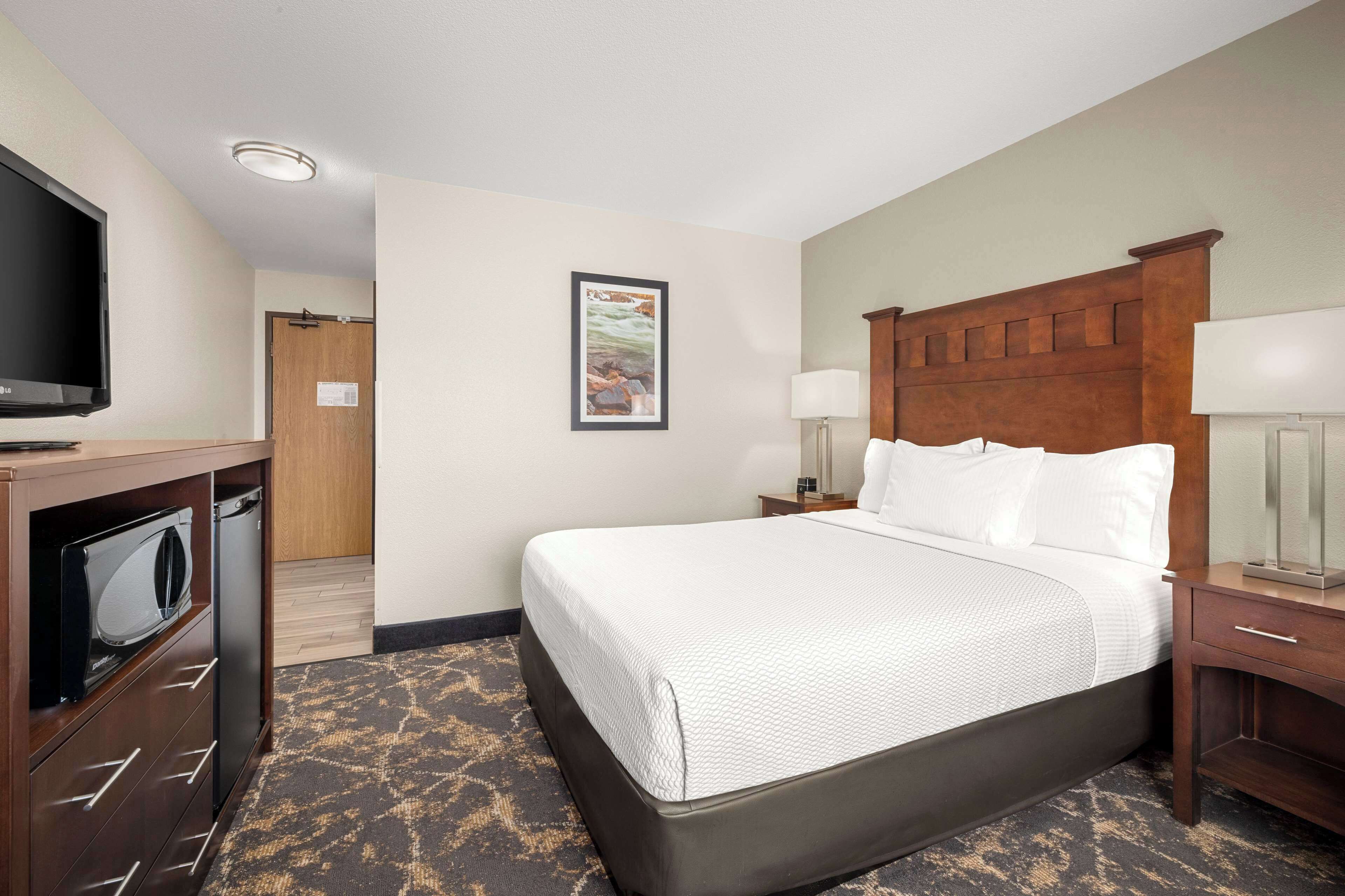 A hotel room with a large bed, a television, a desk with a lamp, and a picture on the wall.