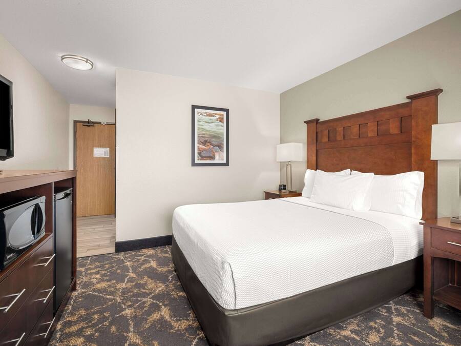 A hotel room with a large bed, a television, a desk with a lamp, and a picture on the wall.
