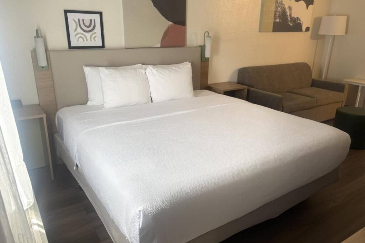 Een hotelkamer met een groot bed, een slaapbank, een nachtkastje en een lamp.