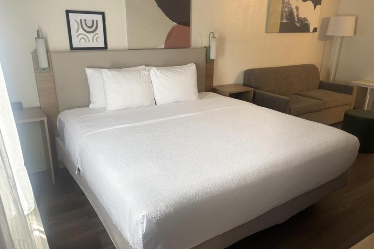 Een hotelkamer met een groot bed, een slaapbank, een nachtkastje en een lamp.