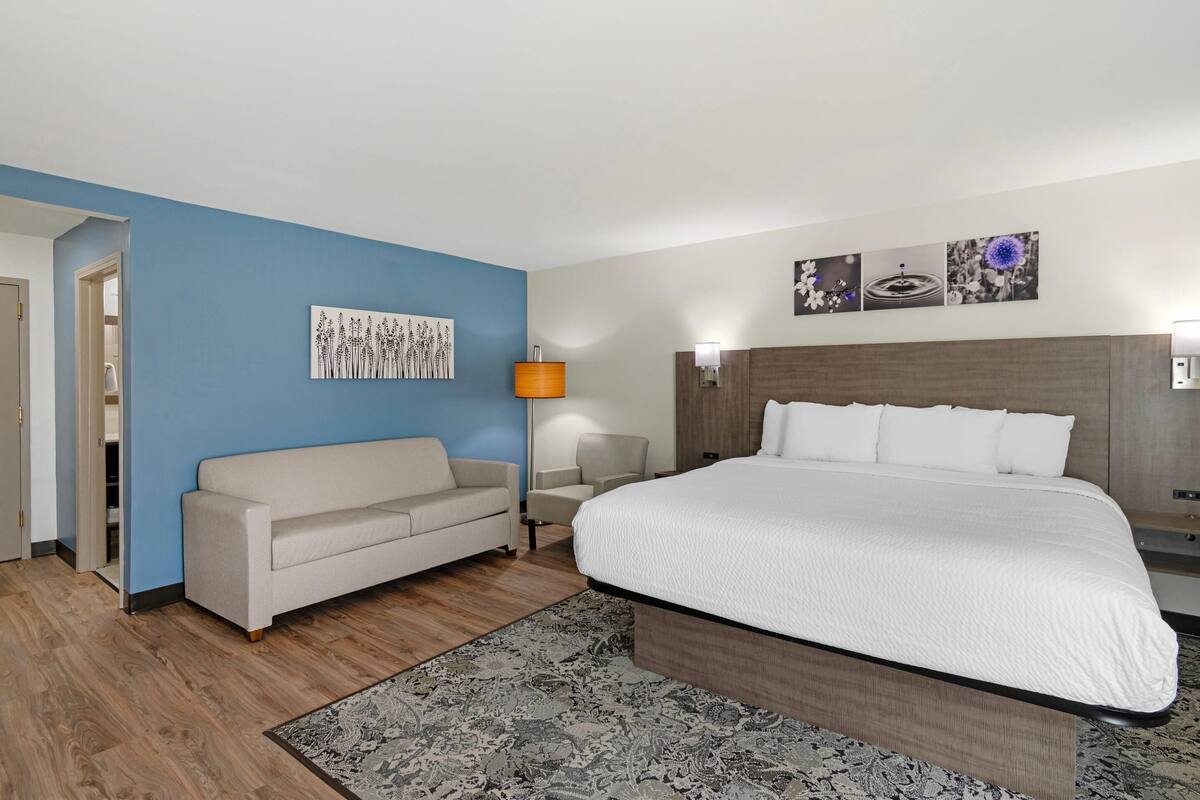 A hotel room with a large bed, a sofa, a lamp, and wall art.