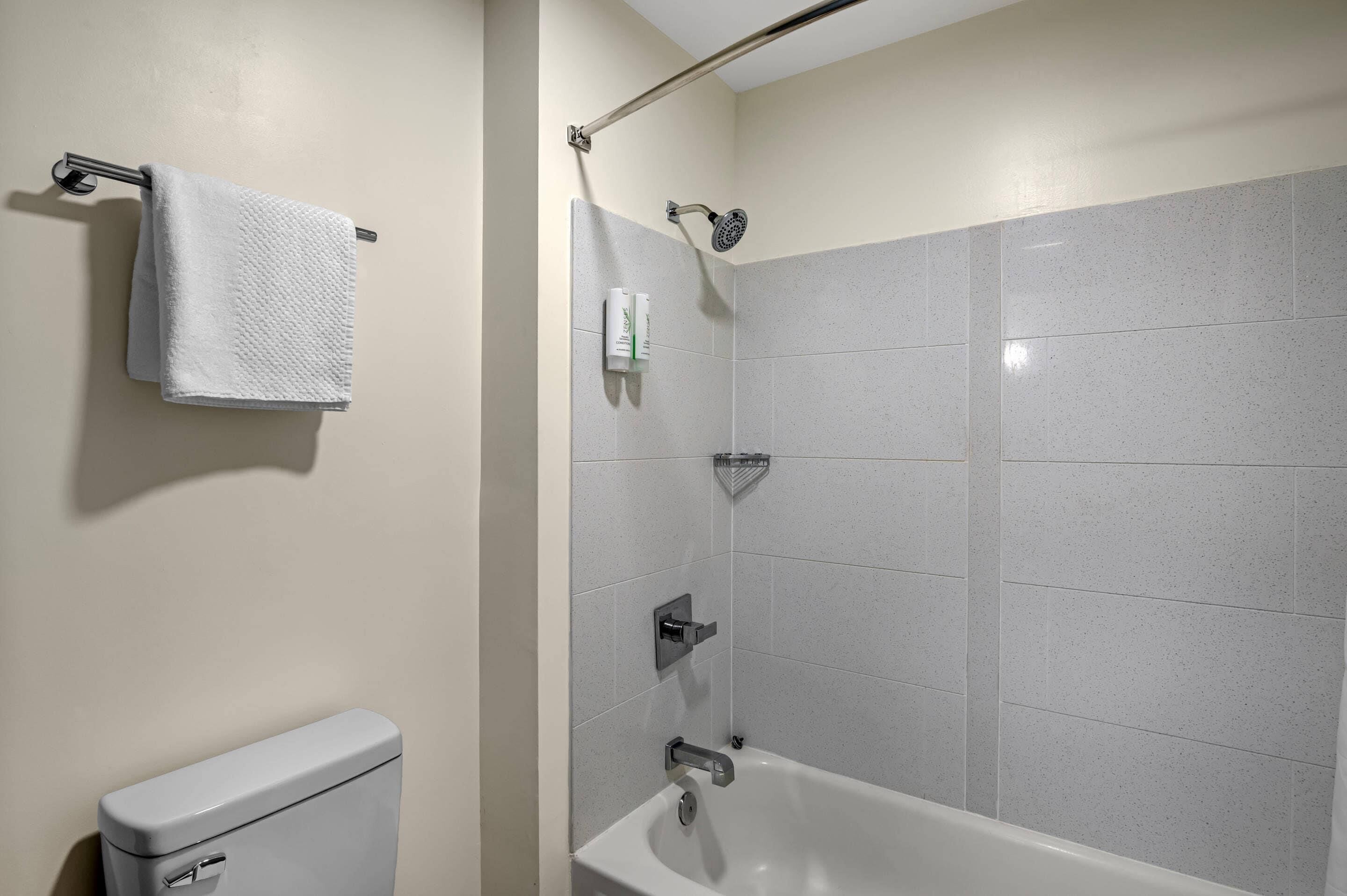 A bathroom with a toilet, a towel rack, a shower with a handheld showerhead, and a bathtub.