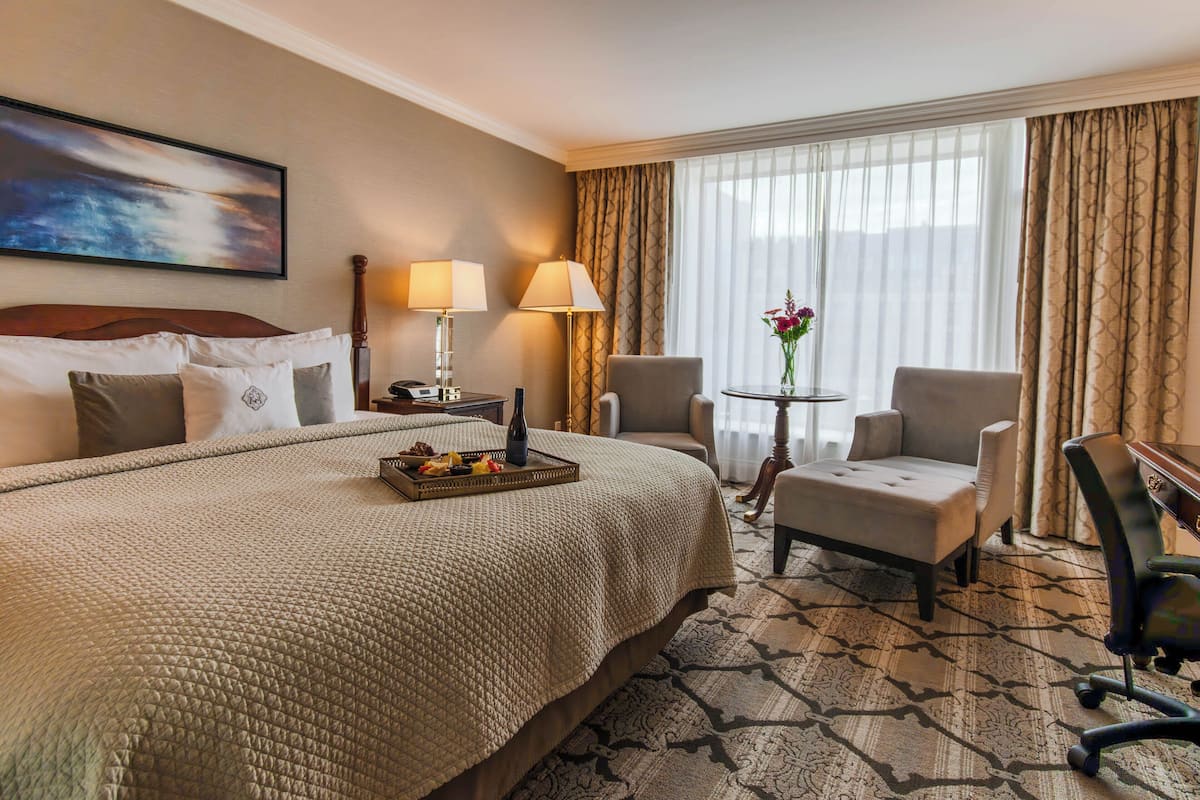 Una habitación de hotel con una cama grande, dos sillas, una mesita con un florero y un cuadro en la pared.