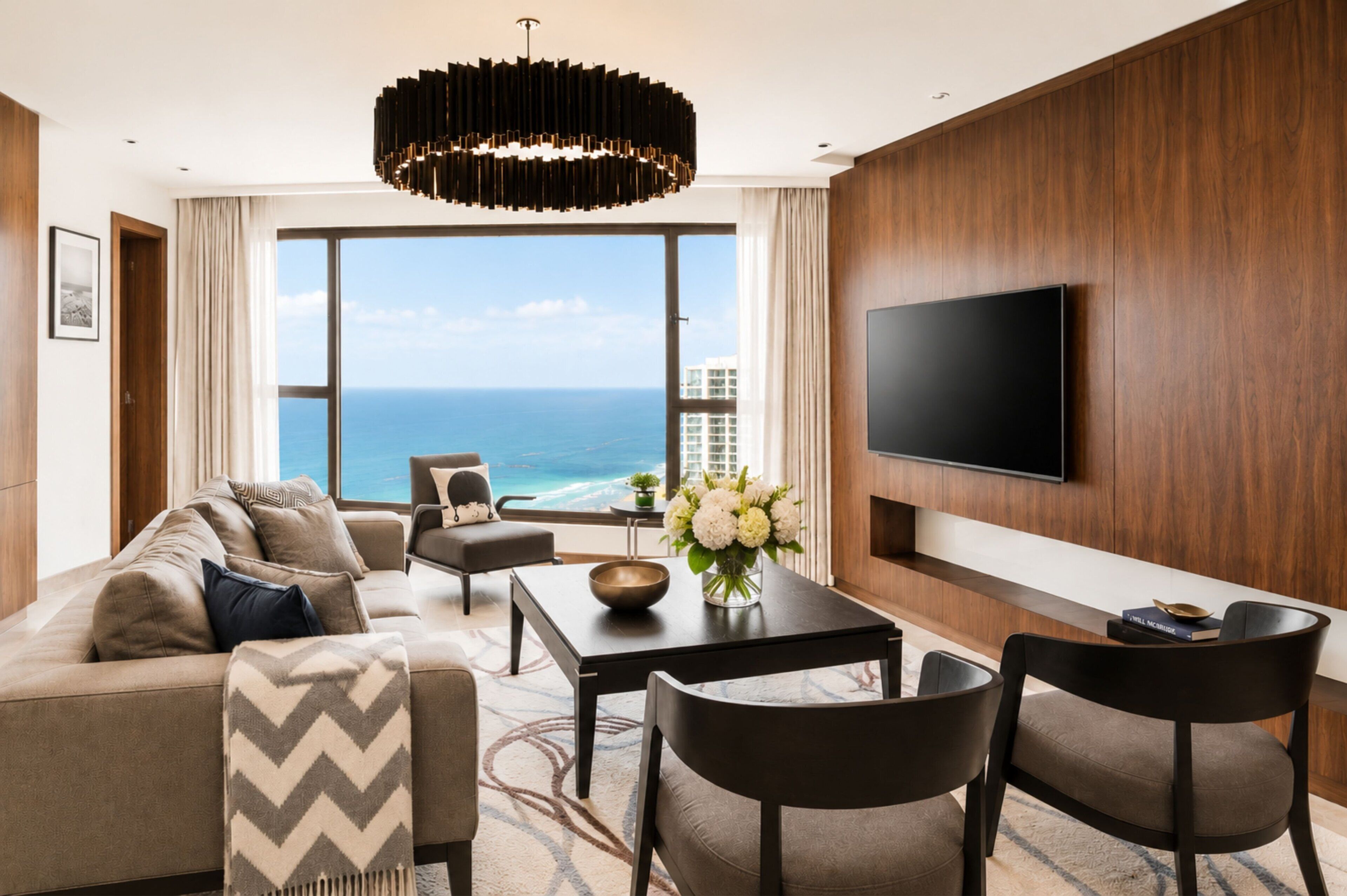 Una habitación de hotel moderna con una amplia vista al océano, un televisor de pantalla plana en la pared, un sofá, una mesa de centro y una zona de comedor.