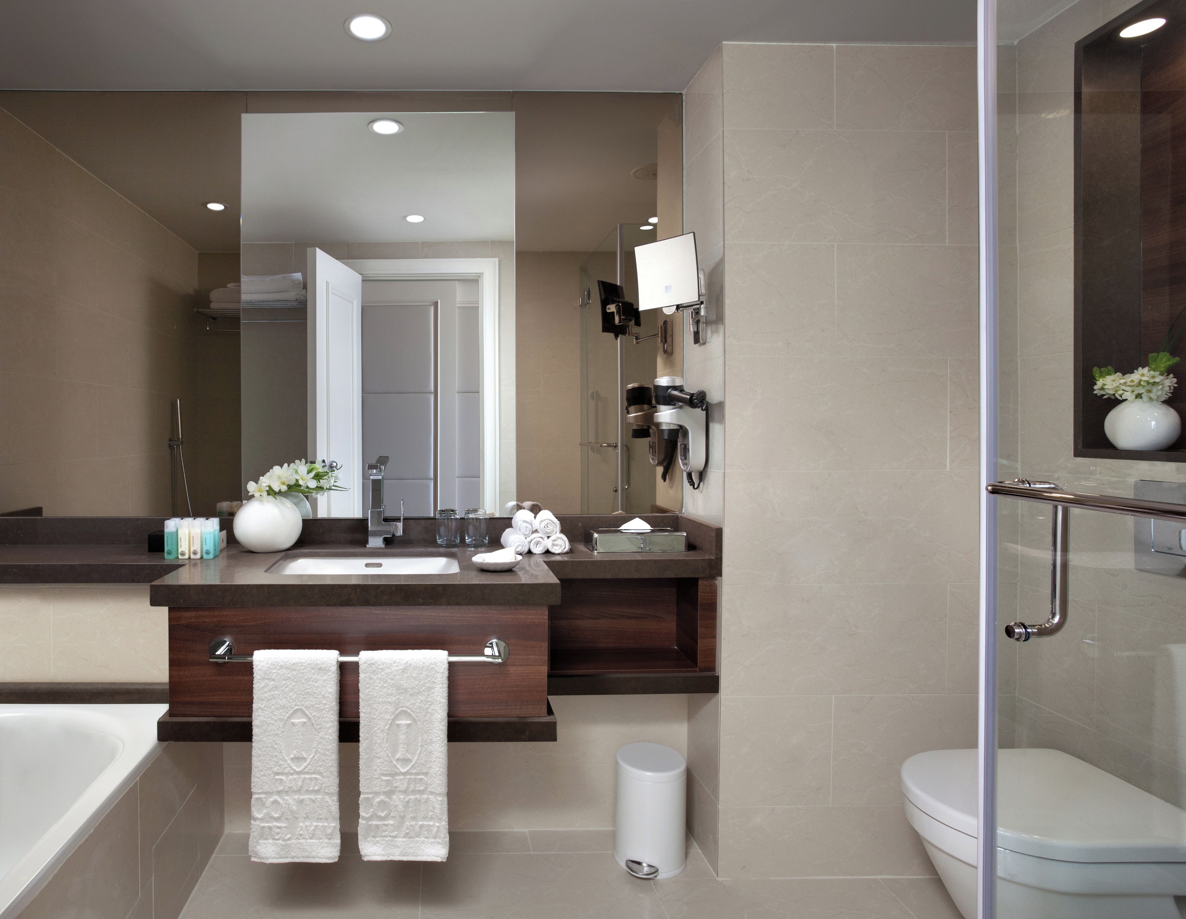 A modern bathroom with a bathtub, a shower, and a toilet.