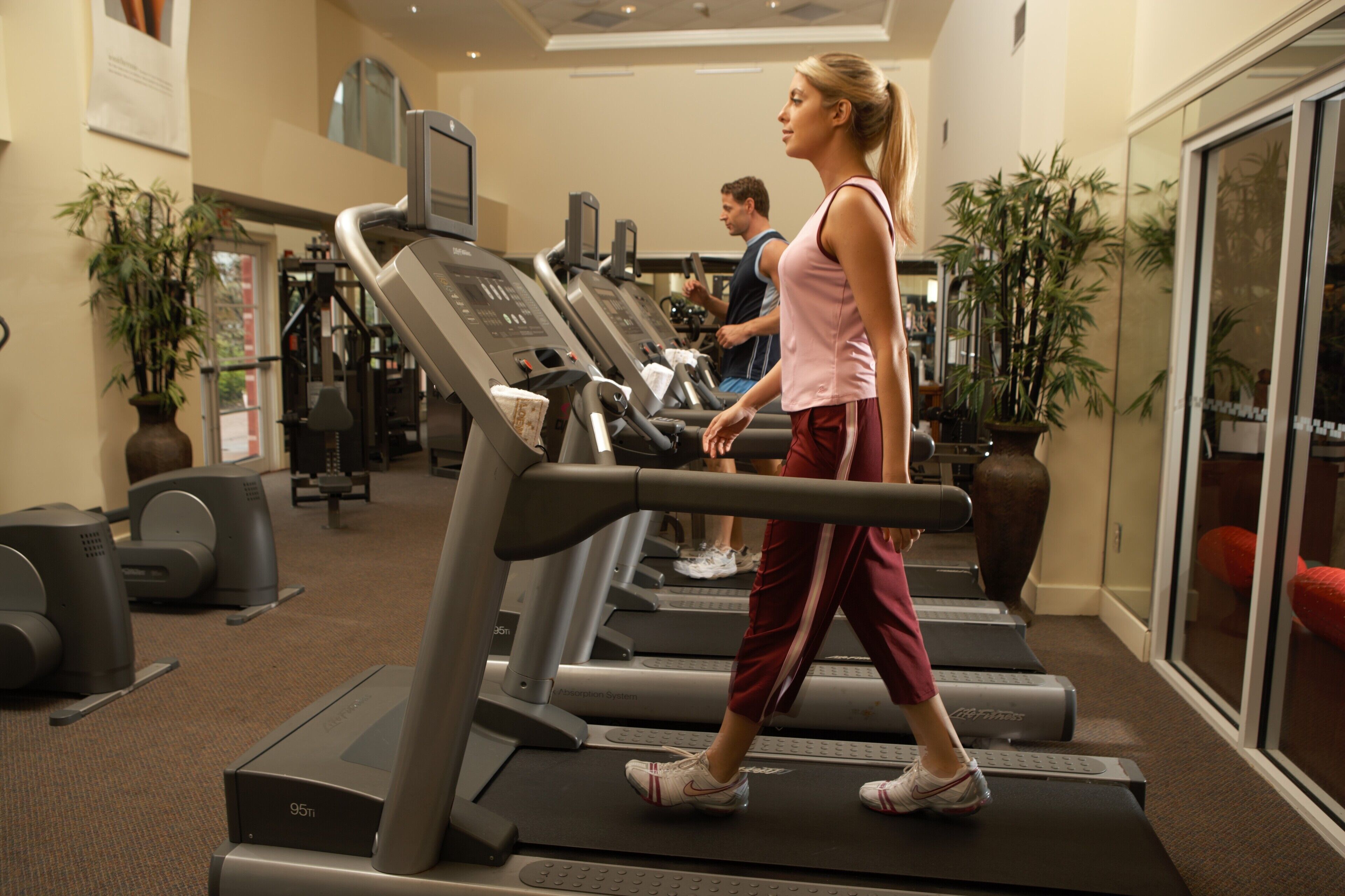A gym with treadmills, exercise equipment, and potted plants.