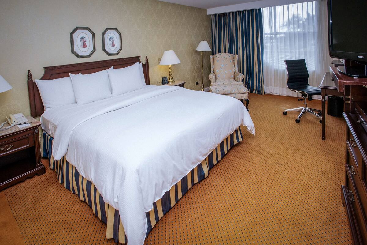A hotel room with a large bed, a desk with a computer, a chair, a lamp, and a television.