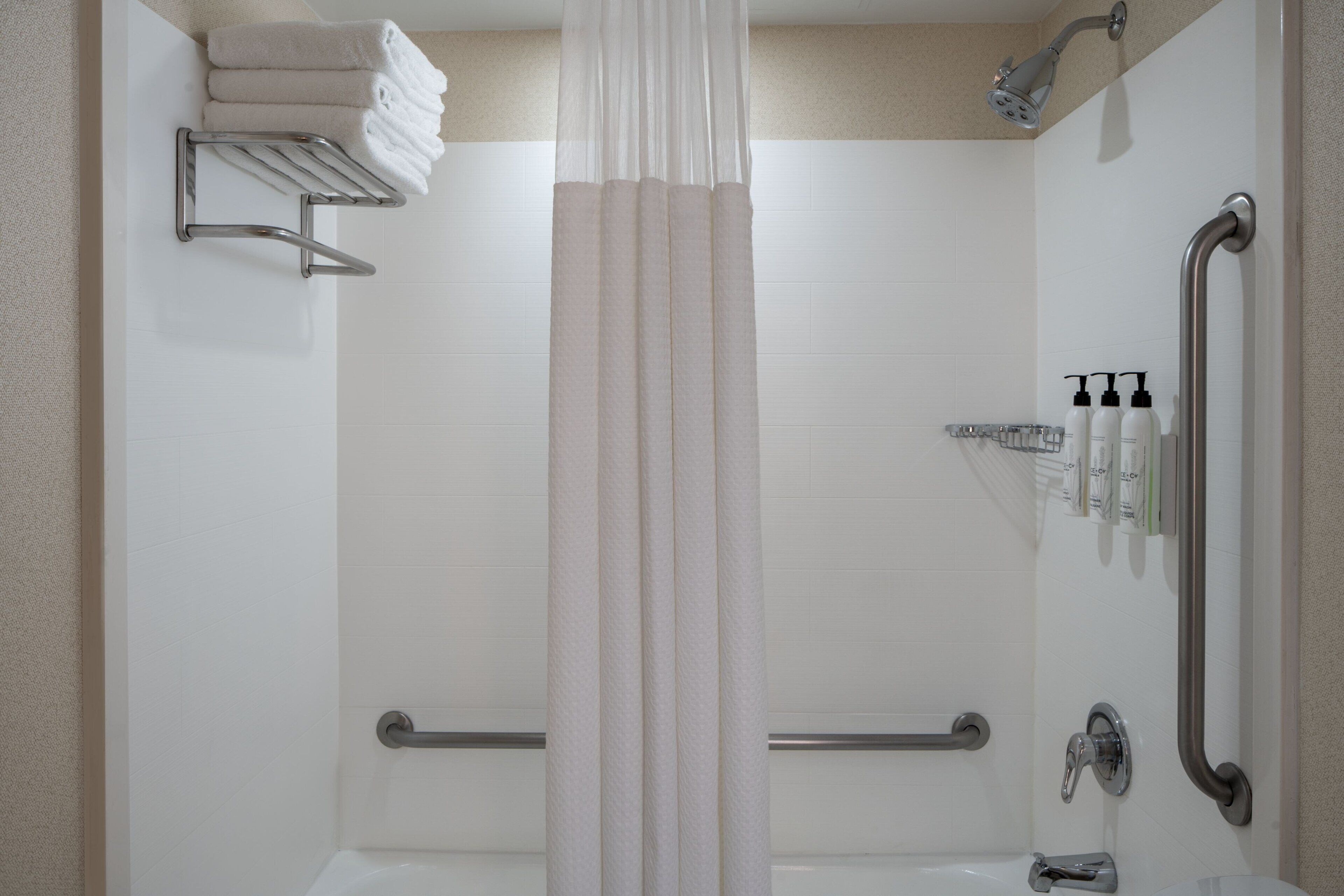 combined shower/bathtub, free toiletries, hair dryer, towels