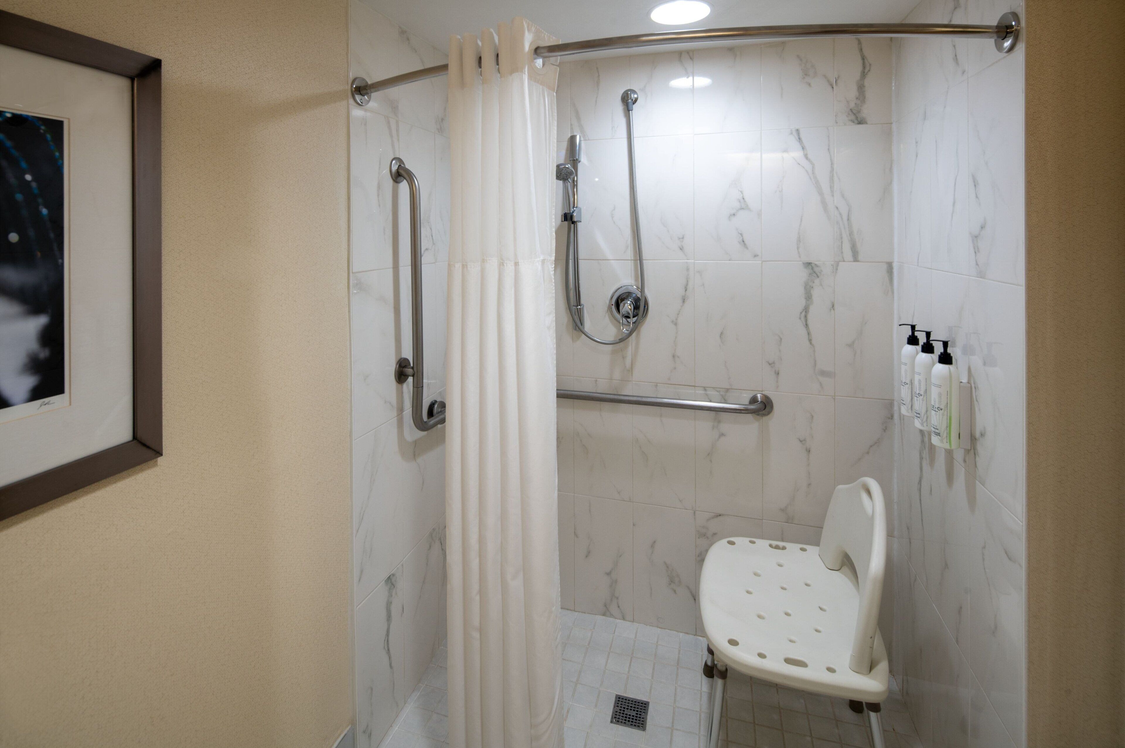 combined shower/bathtub, free toiletries, hair dryer, towels