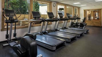 Une salle de sport avec plusieurs tapis de course alignés en rangée, de grandes fenêtres donnant sur un espace verdoyant et une porte en bois.