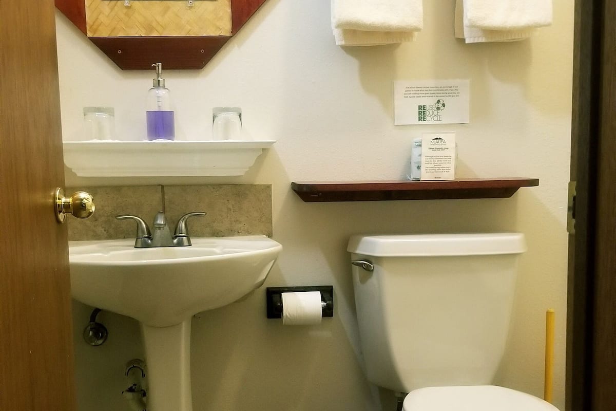 standard room, 1 queen bed, garden view (lokahi lodge) | bathroom | shower, hair dryer, towels, soap