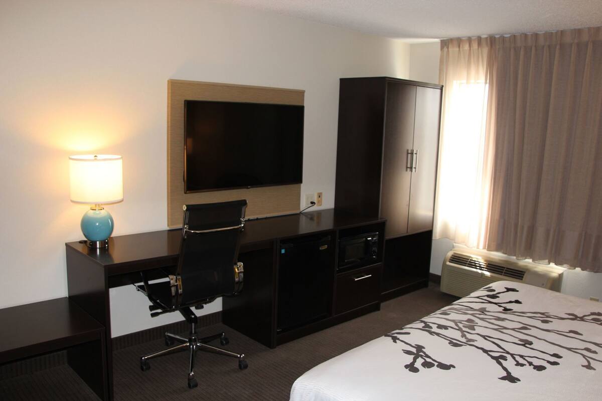 A hotel room with a desk, chair, TV, wardrobe, and bed.