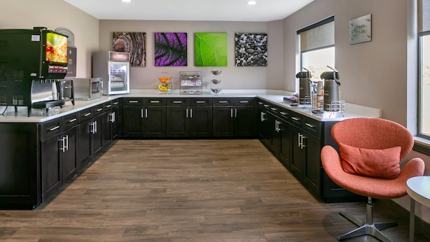 A modern kitchen with dark cabinets, a microwave, a refrigerator, and a coffee machine. There are three wall art pieces and a window with a view.